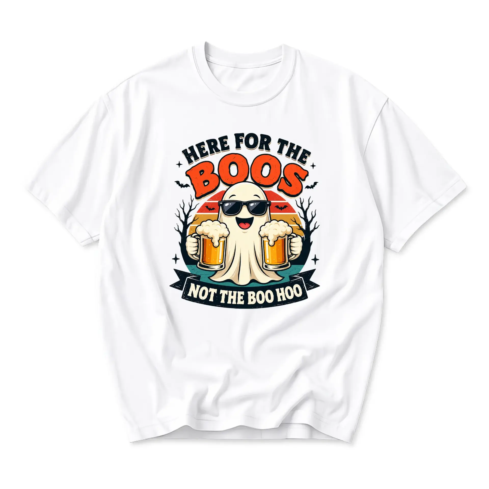 Graphic Tee Unisex Crew Neck Shirt Here for the Boos Beer Ghost Funny Seasonal Casual Apparel for Adults