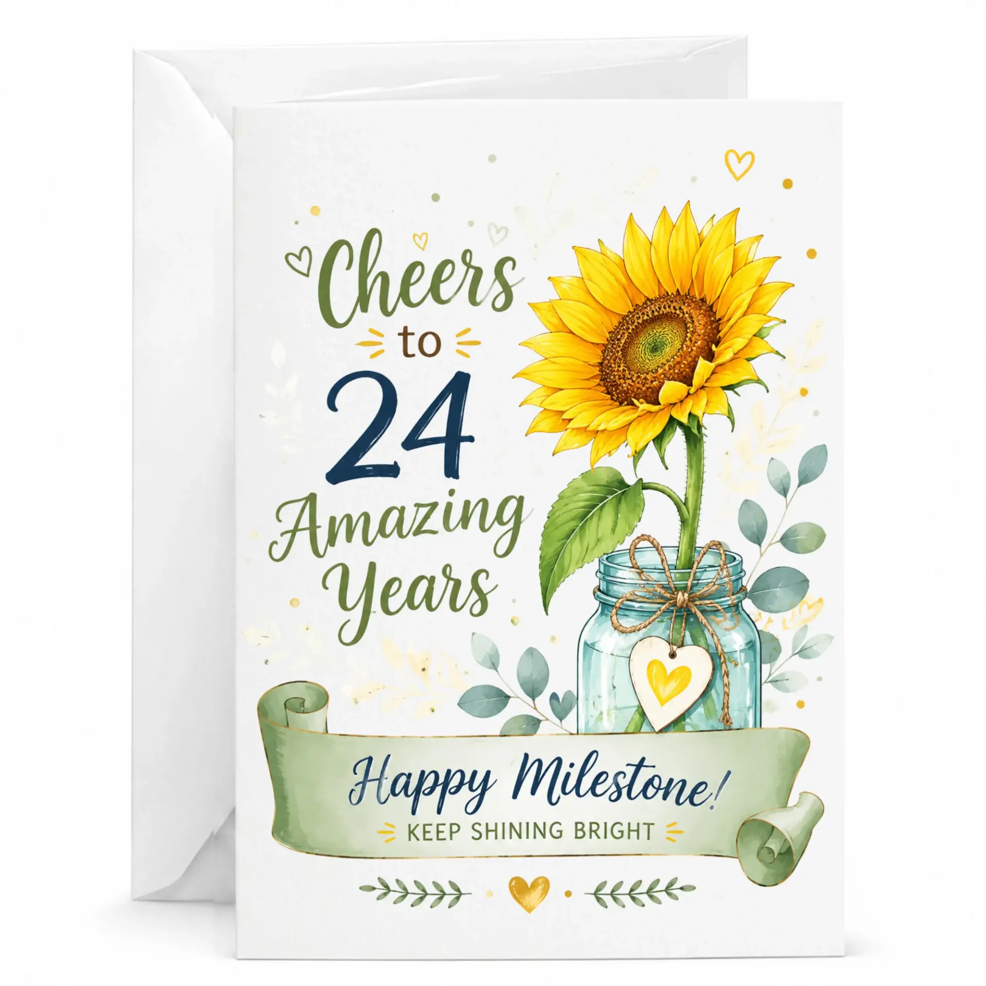 Greeting Card for 24th Birthday Cheers to 24 Amazing Years Sunflower Mason Jar Illustration Floral Milestone Card