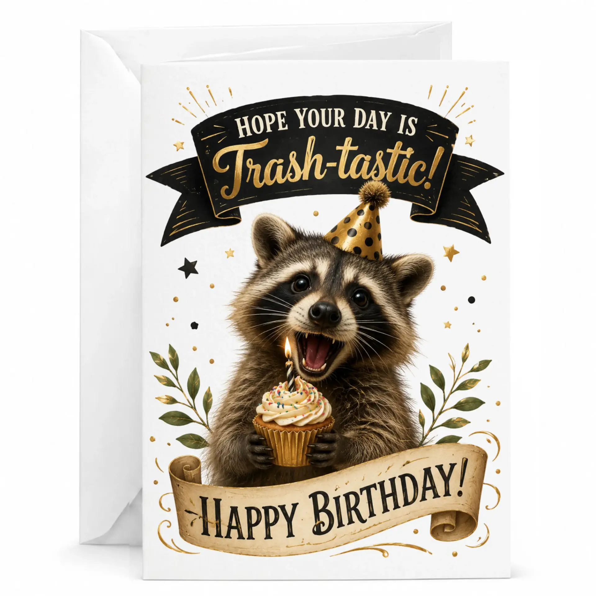 Funny Birthday Card Featuring a Cute Party Raccoon with a Cupcake Humorous Trash-Tastic Greeting for