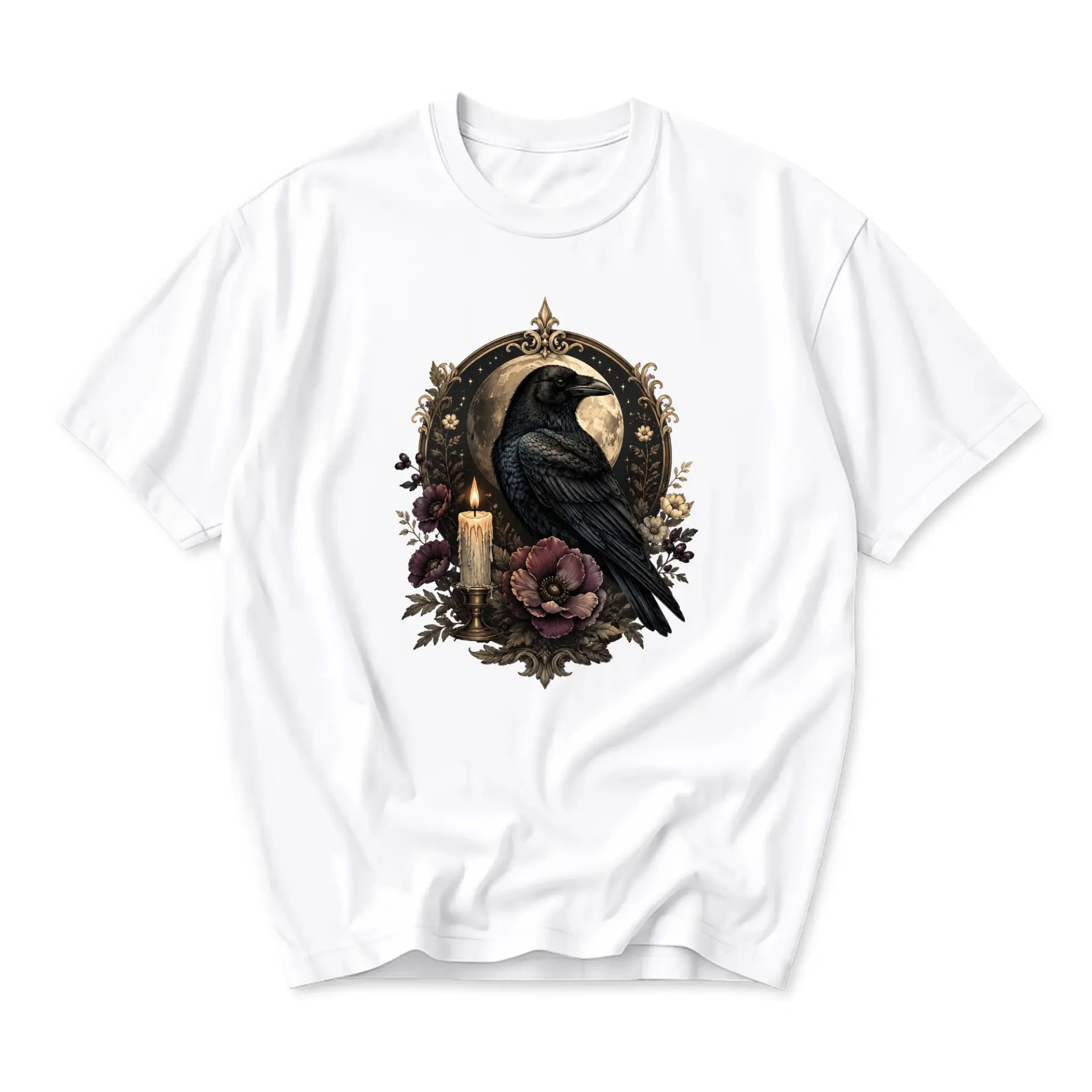 Graphic Tee Raven Art Shirt Gothic Style Crew Neck Casual Cotton Blend Unisex Top for Everyday Apparel and Gift