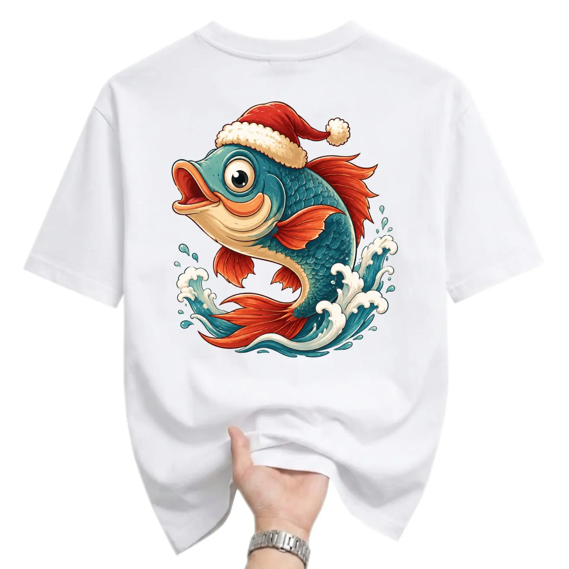 Graphic Tee Christmas Fish T-Shirt Holiday Crew Neck Unisex Short Sleeve Casual Everyday Apparel White Top