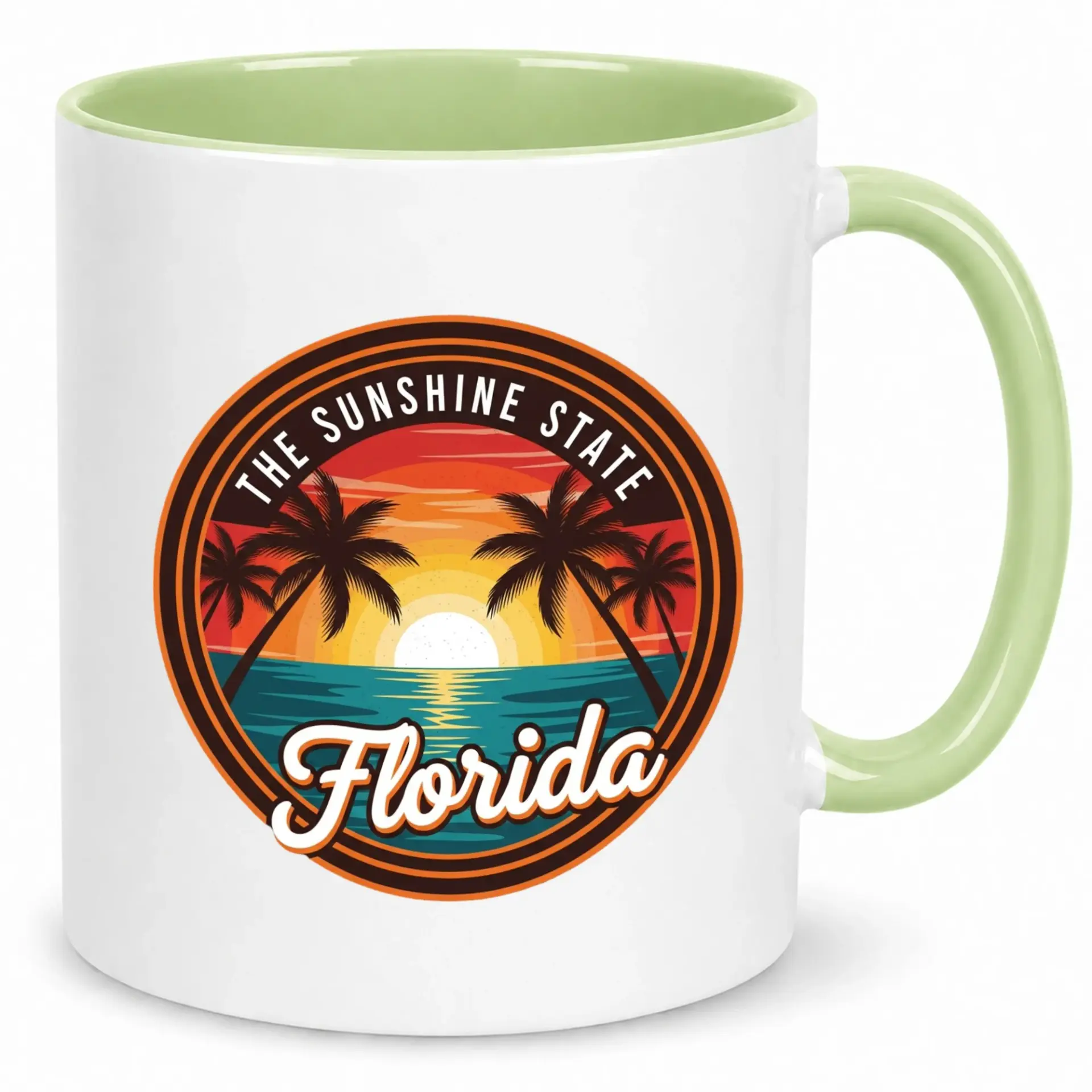 Florida Sunshine State Coffee Mug with Palm Trees Ocean Sunset Design, Vibrant Ceramic Drinkware Gift for Home and Office