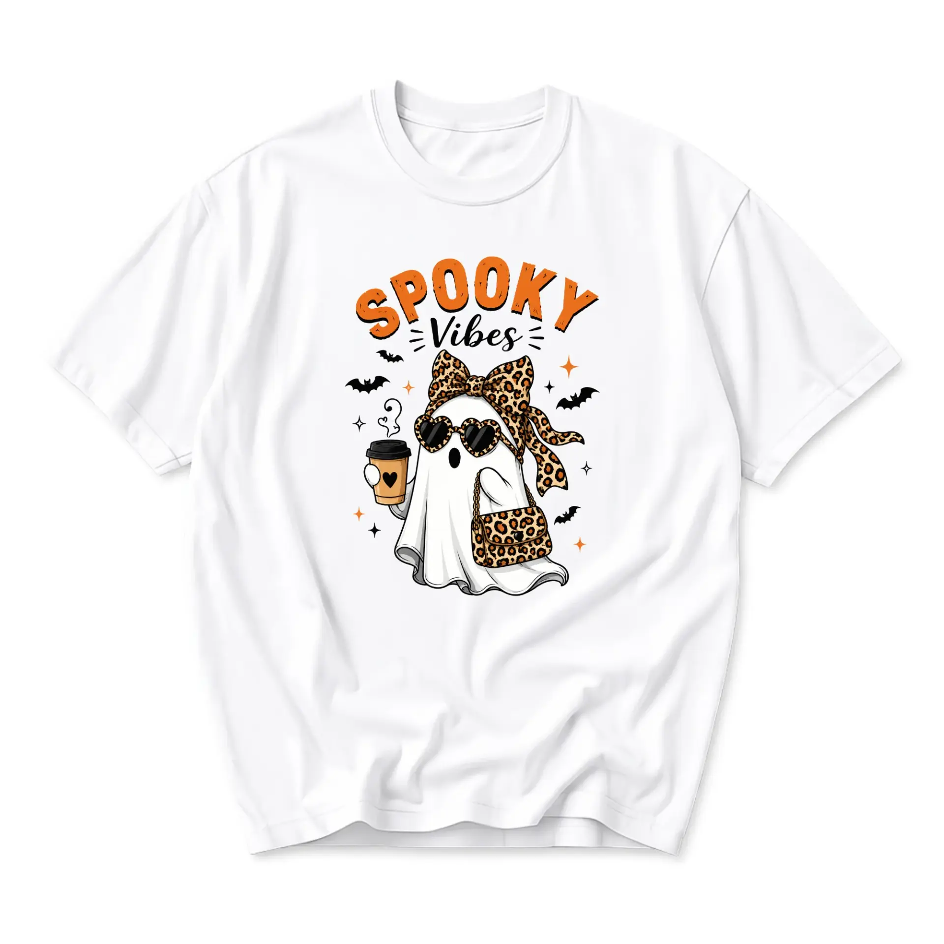 Funny Shirt Spooky Vibes Ghost Graphic Tee Women Men Casual Short Sleeve Cotton Blend Unisex Crew Neck Top