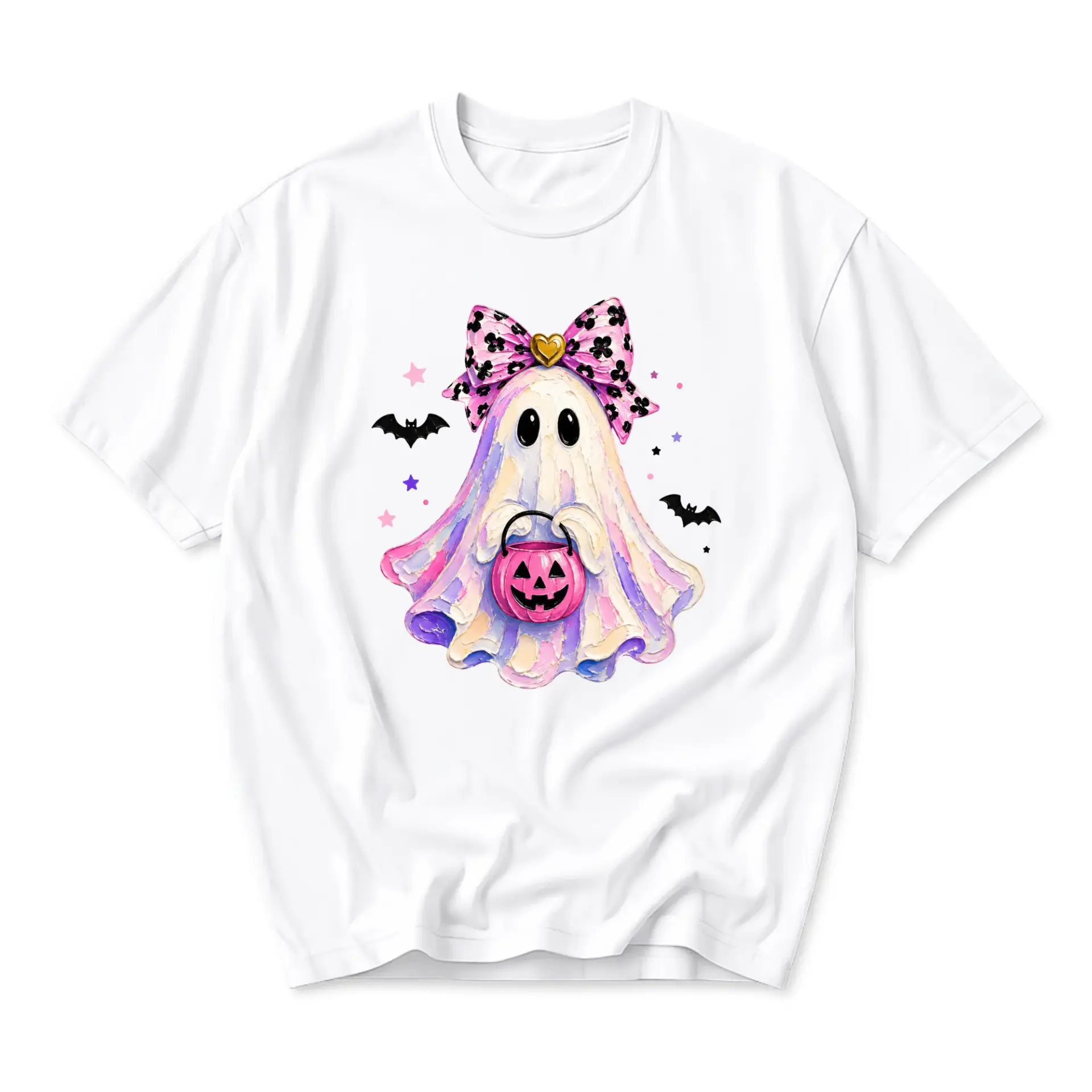 Graphic Tee Cute Ghost Holding Pumpkin Candy Bucket with Pink Bow Unisex Cotton Blend Crew Neck Short Sleeve Shirt