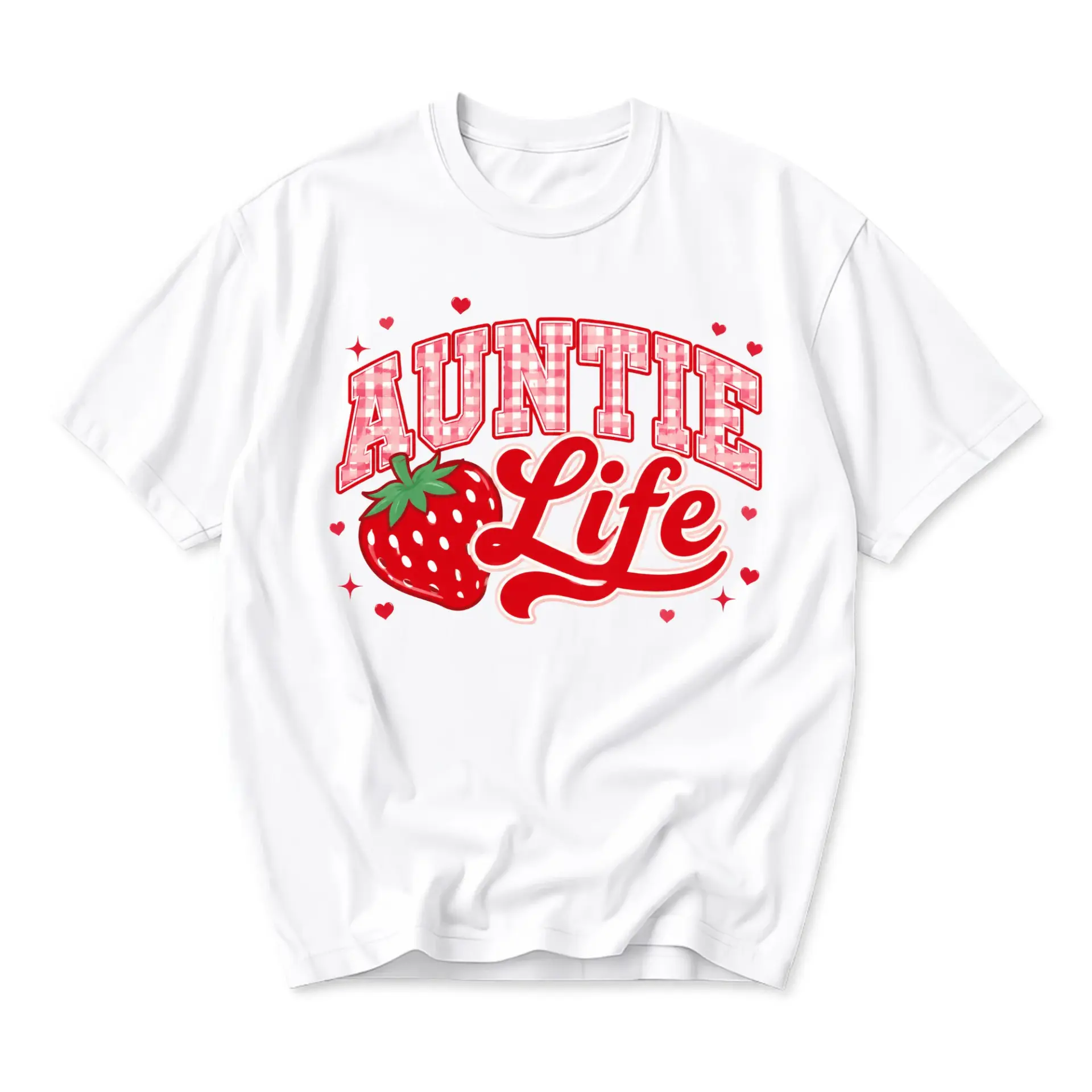 Graphic Tee Auntie Life Strawberry Print Cute Pink Red Aesthetic Casual Everyday Shirt for Women Unisex Crew Neck Top