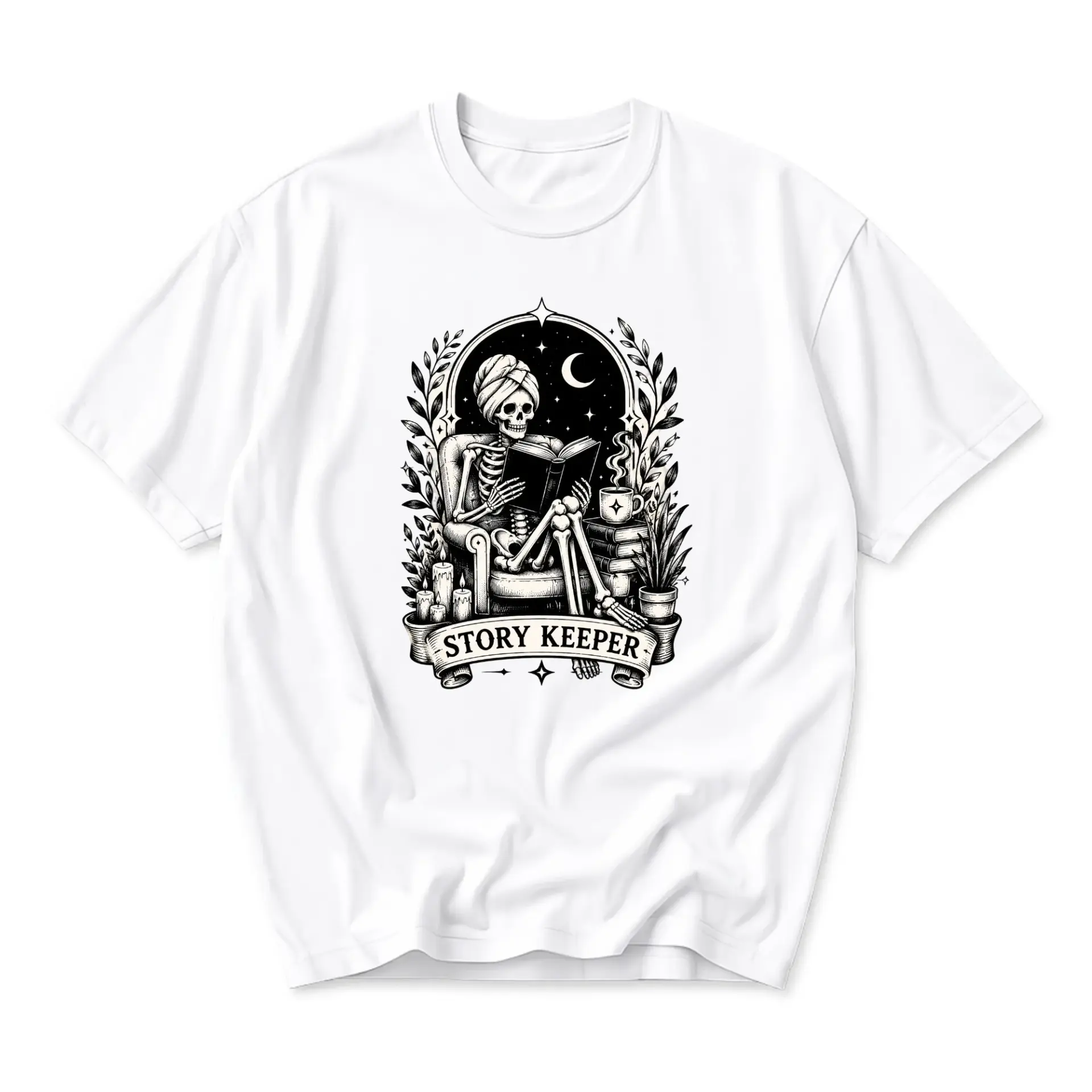Graphic Tee Story Keeper Skeleton Reader Unisex T-Shirt Comfortable Cotton Casual Everyday Apparel for Book Lovers
