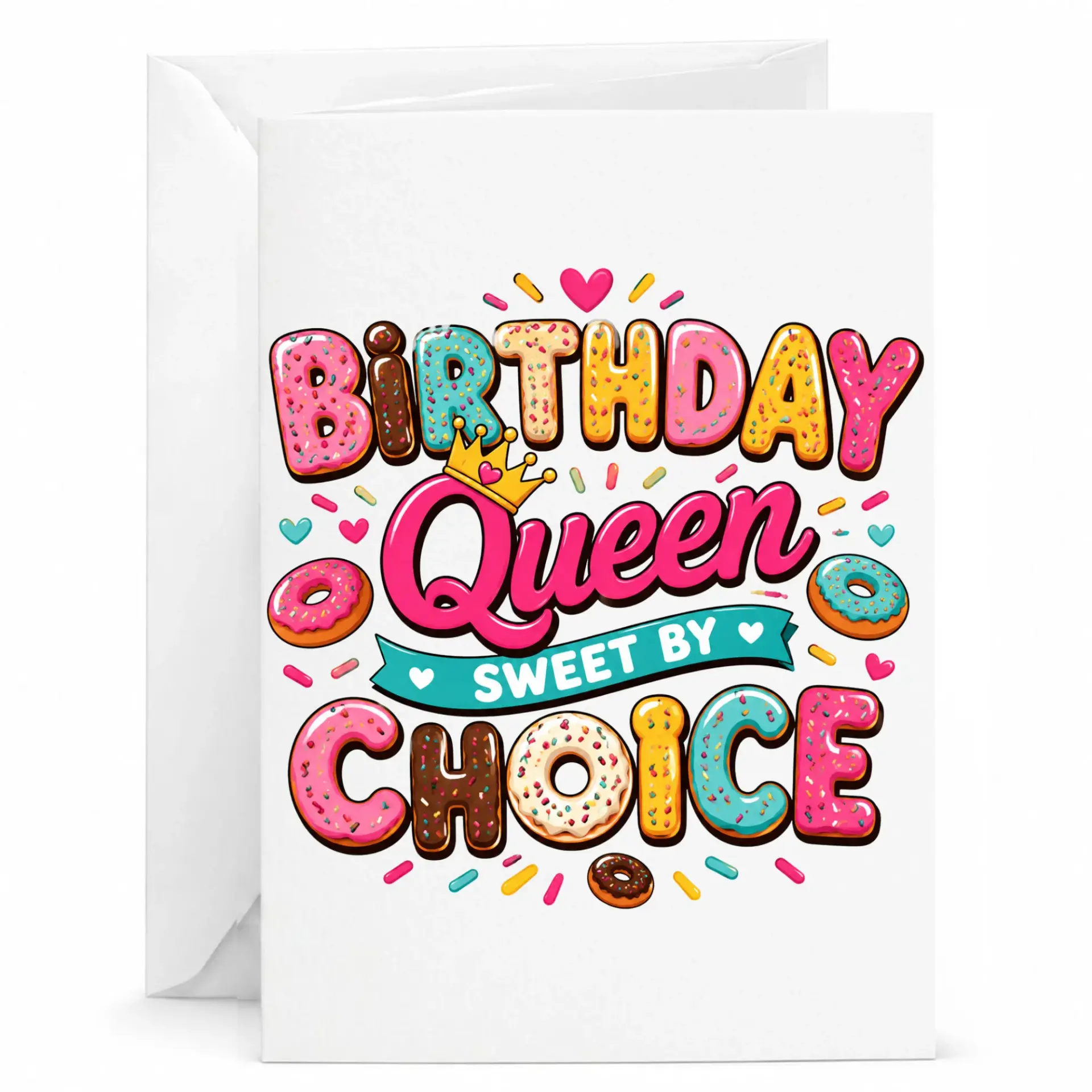 Birthday Card Queen Sweet by Donut Theme Greeting for Her with Matching White Envelope 5x7 Inch
