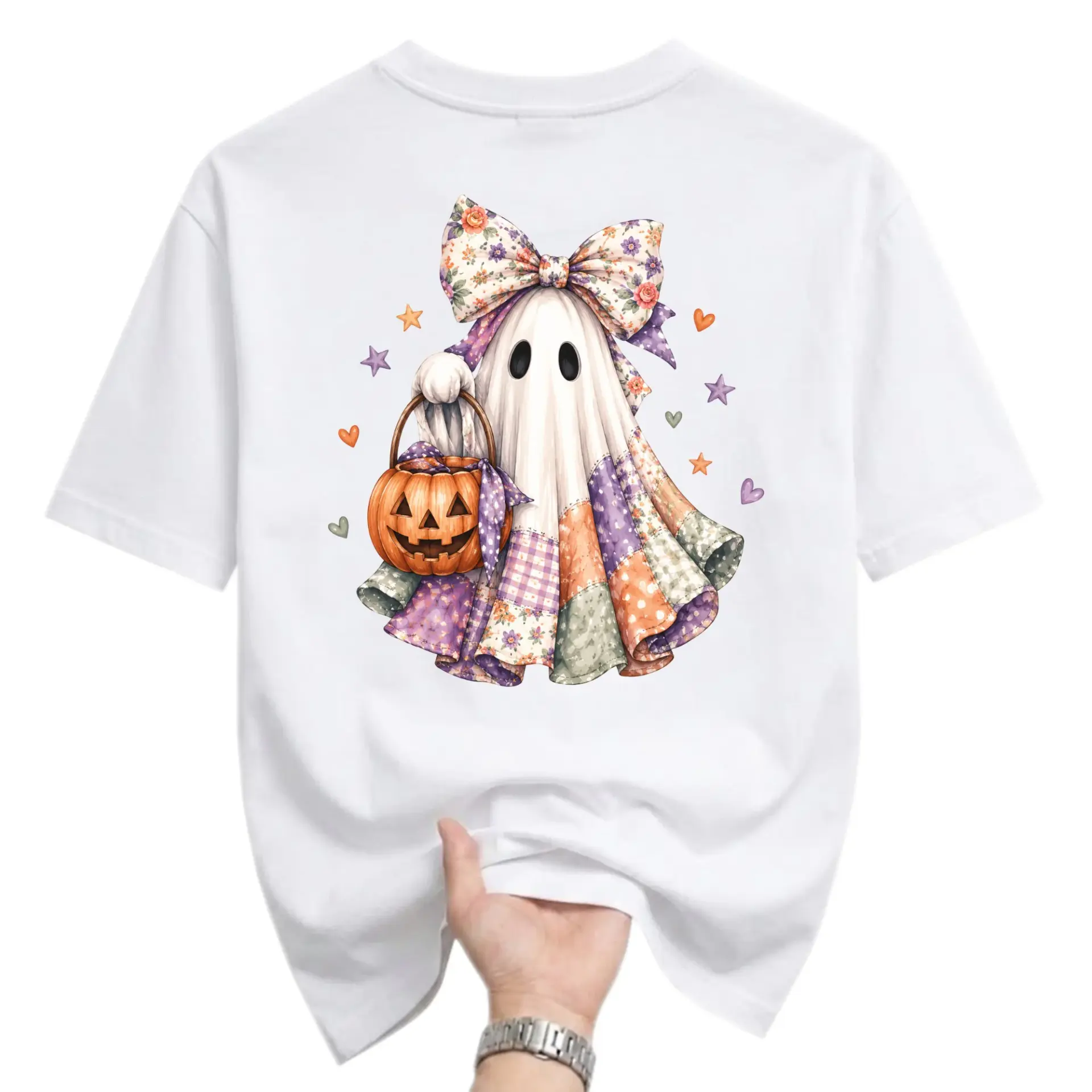 Graphic Tee Cute Ghost Wearing Patterned Fabric Bow Holding a Pumpkin Basket for Fall Autumn Casual Everyday Wear