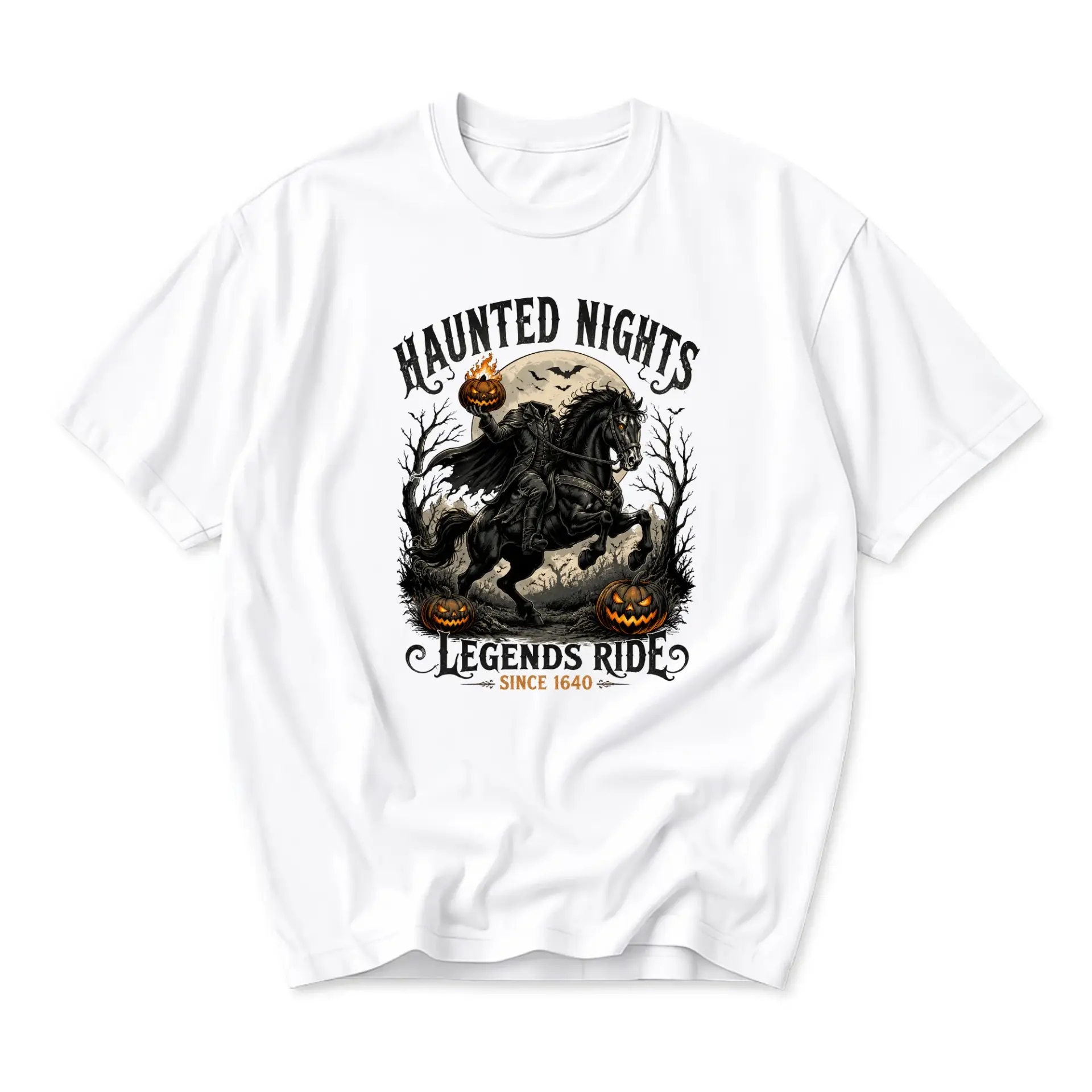 Graphic Tee Haunted Nights Legends Ride Pumpkin Horseman Spooky Halloween Art Unisex Casual Crew Neck Cotton Shirt