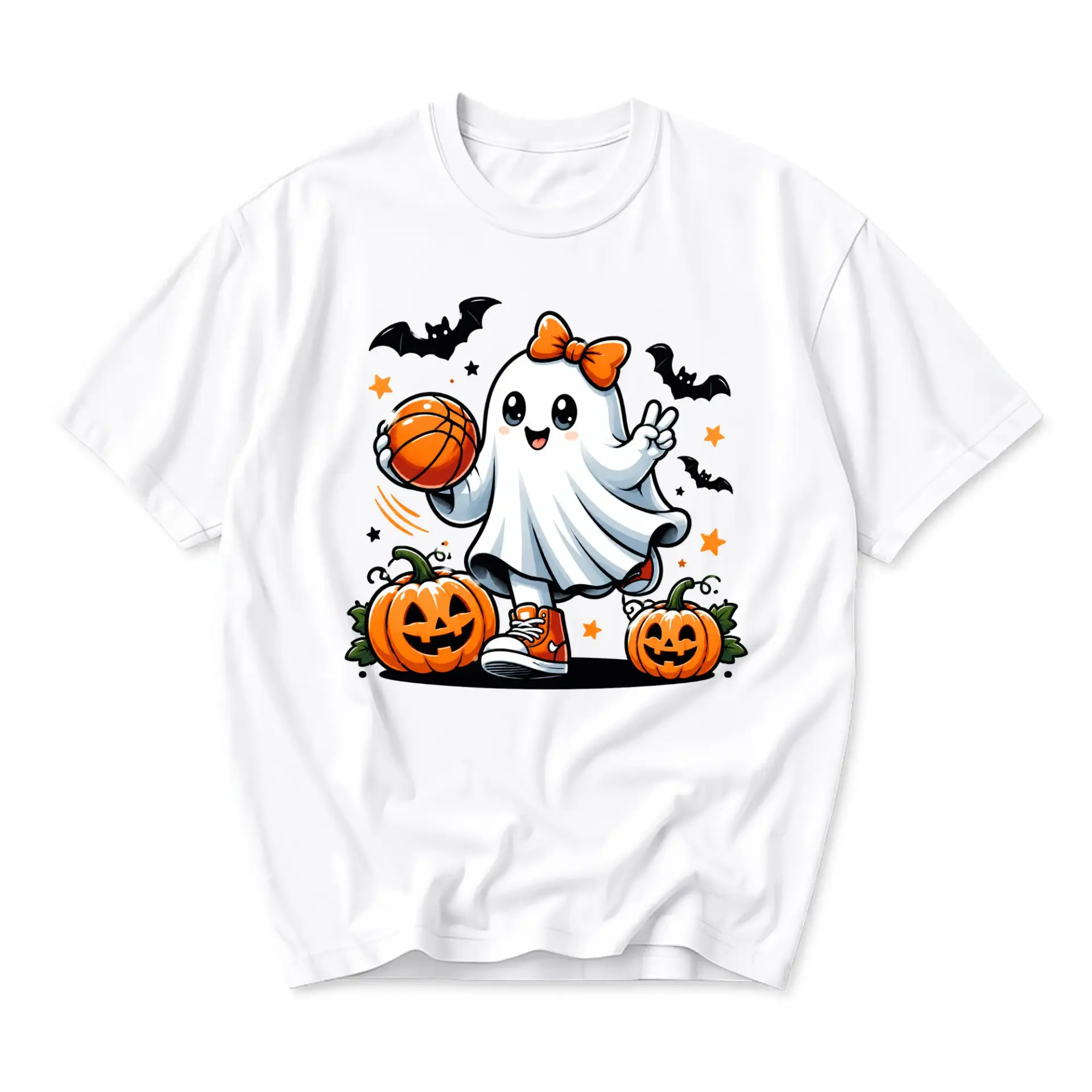 Graphic Tee Cute Basketball Ghost Playing Sports Halloween Costume Short Sleeve Unisex Crew Neck Cotton Shirt