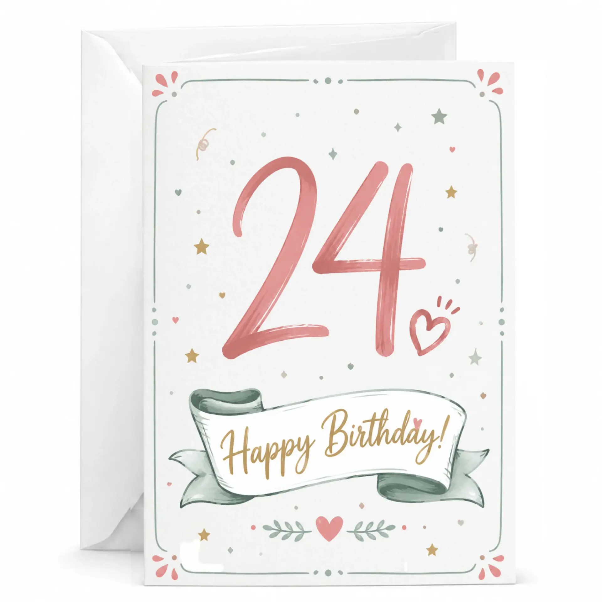 Birthday Card 24th Birthday Greeting Card for Her with Elegant Rose Gold Text and Floral Ribbon Banner Design