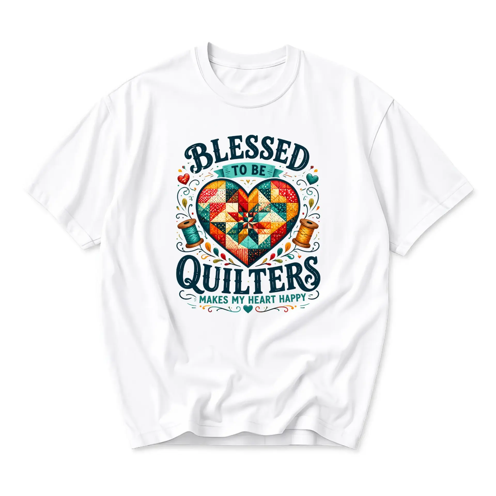 Graphic Tee Blessed to Be Quilters Makes My Heart Happy Shirt Unisex Casual Crew Neck Sewing Hobby Cotton Top