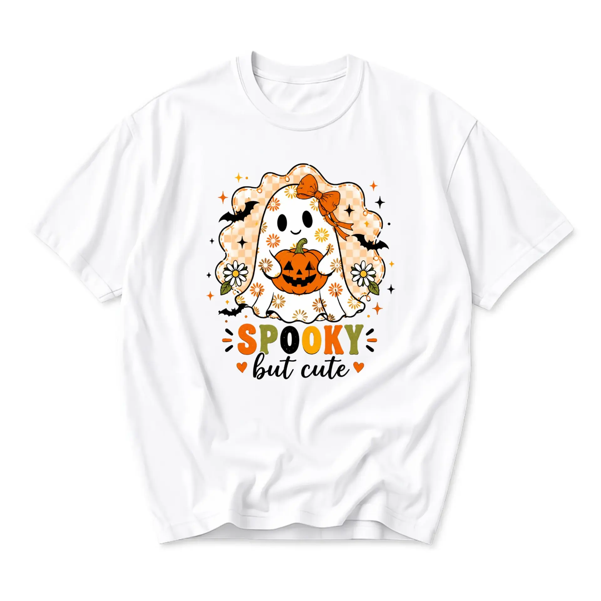 Graphic Tee Spooky but Cute Ghost Halloween Shirt Unisex Cotton Blend Crew Neck Casual Apparel for Fall Season Wear