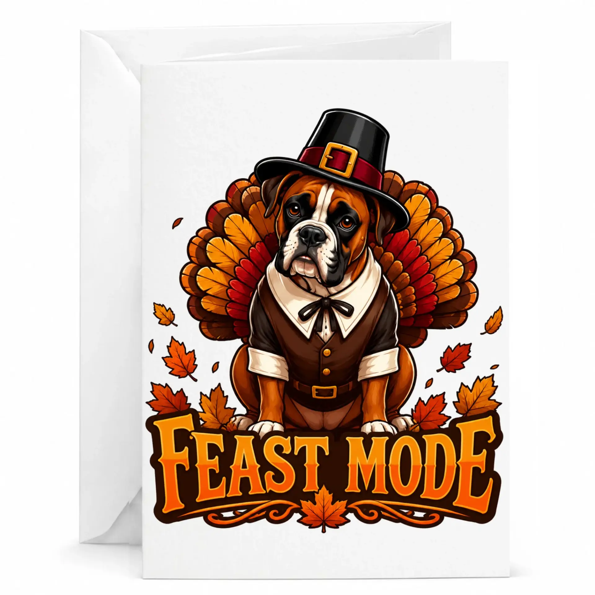 Funny Feast Mode Thanksgiving Greeting Card Featuring Cute Boxer Dog Dressed as a Turkey for Fall Holiday Festivities