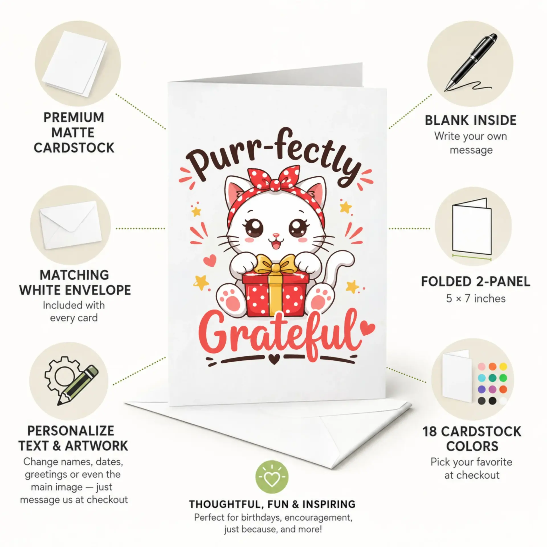 Funny Greeting Card Purr-Fectly Grateful Cat Illustration Featuring Cute Kitten Holding a Gift for Any Special Occasion