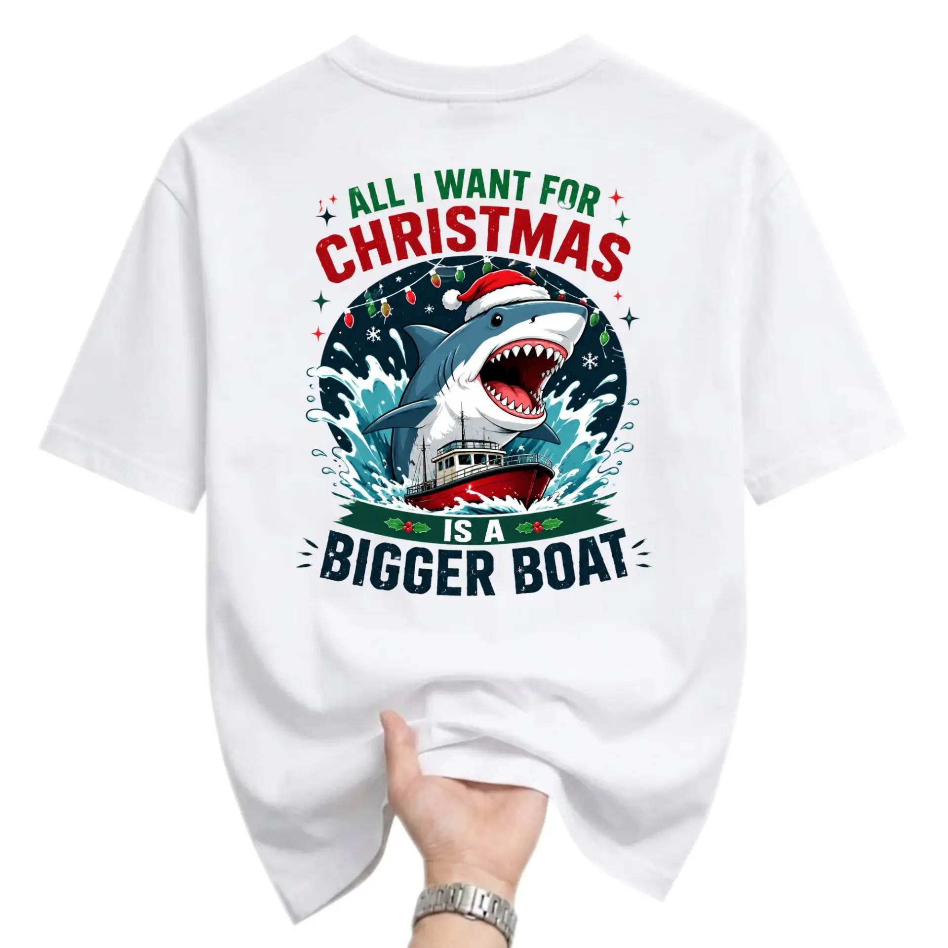 Funny Shirt All I Want for Christmas Is a Bigger Boat Graphic Tee Holiday
