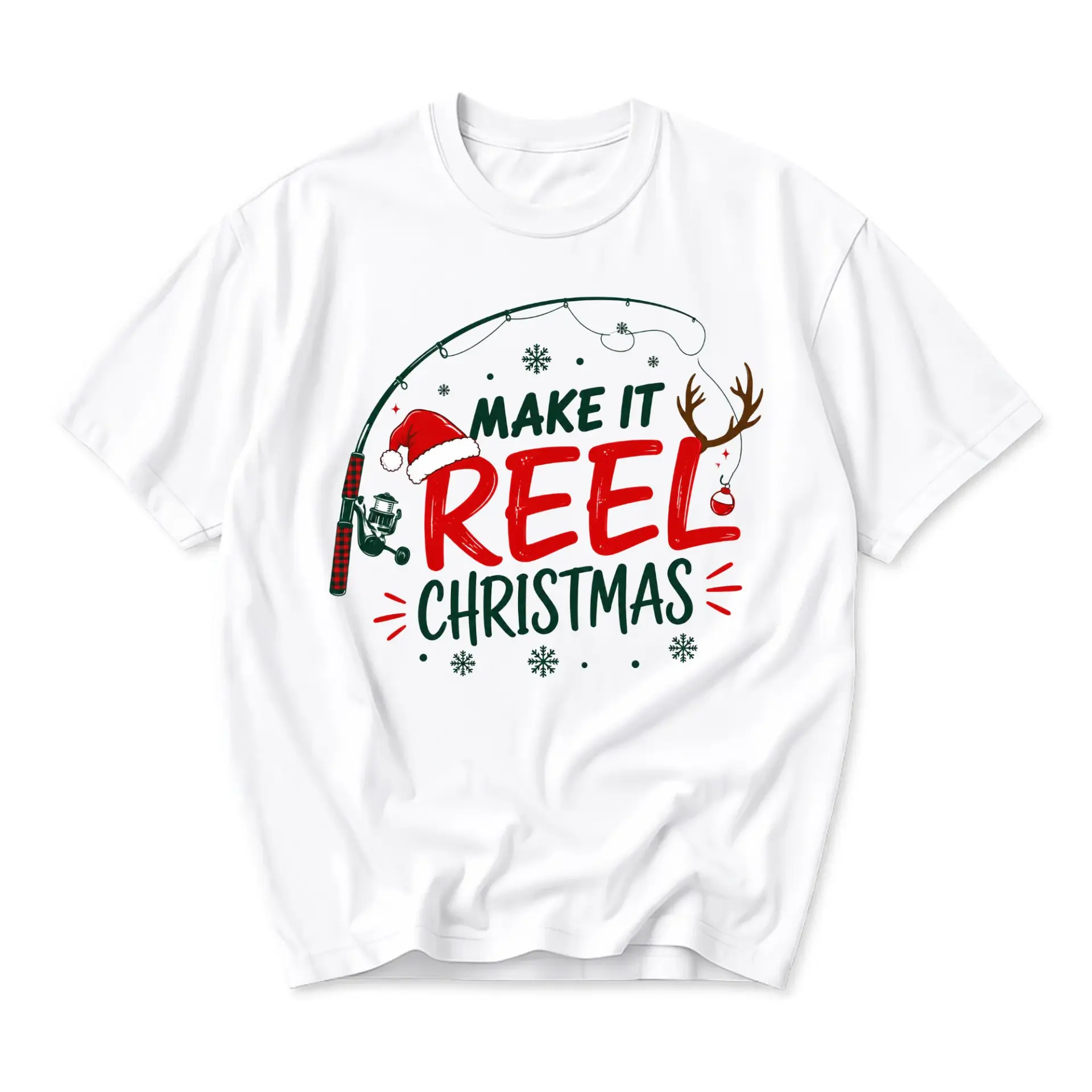Funny Shirt Make It Reel Christmas Fishing Graphic Tee Unisex Short Sleeve Cotton Crew Neck Casual Holiday Apparel