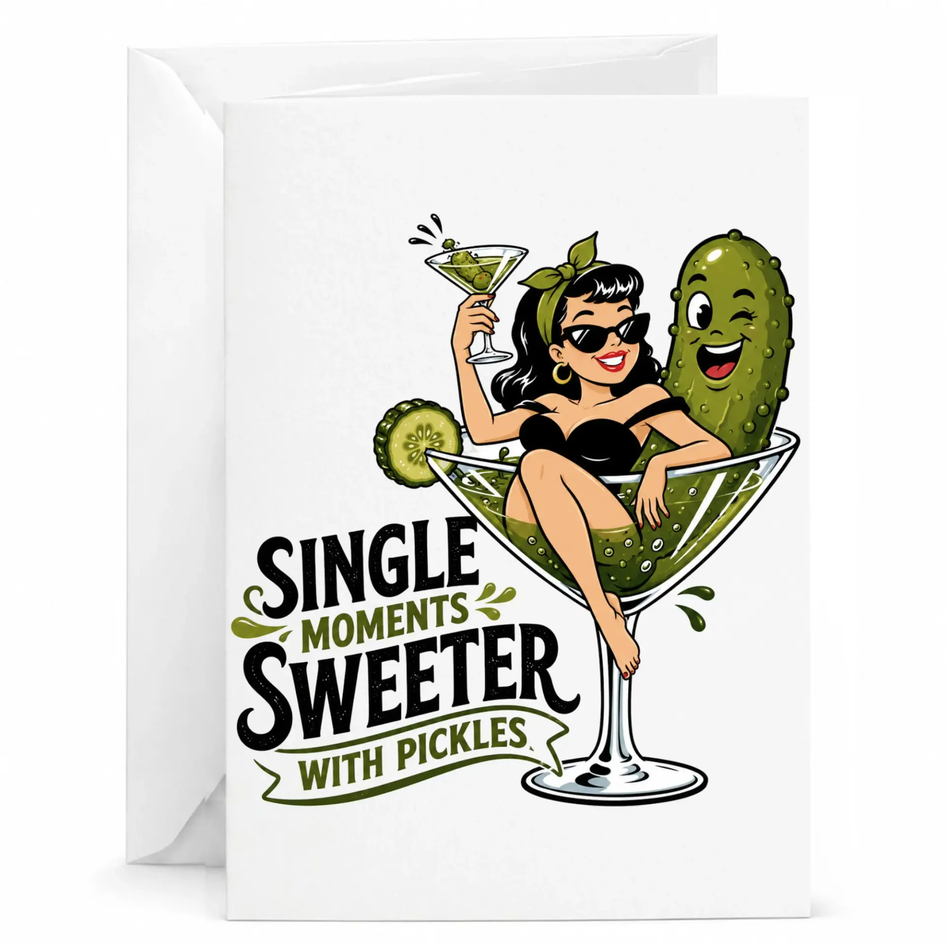 Funny Greeting Card Single Sweeter with Pickles Design Featuring Pinup Style Art on Premium Heavyweight Cardstock