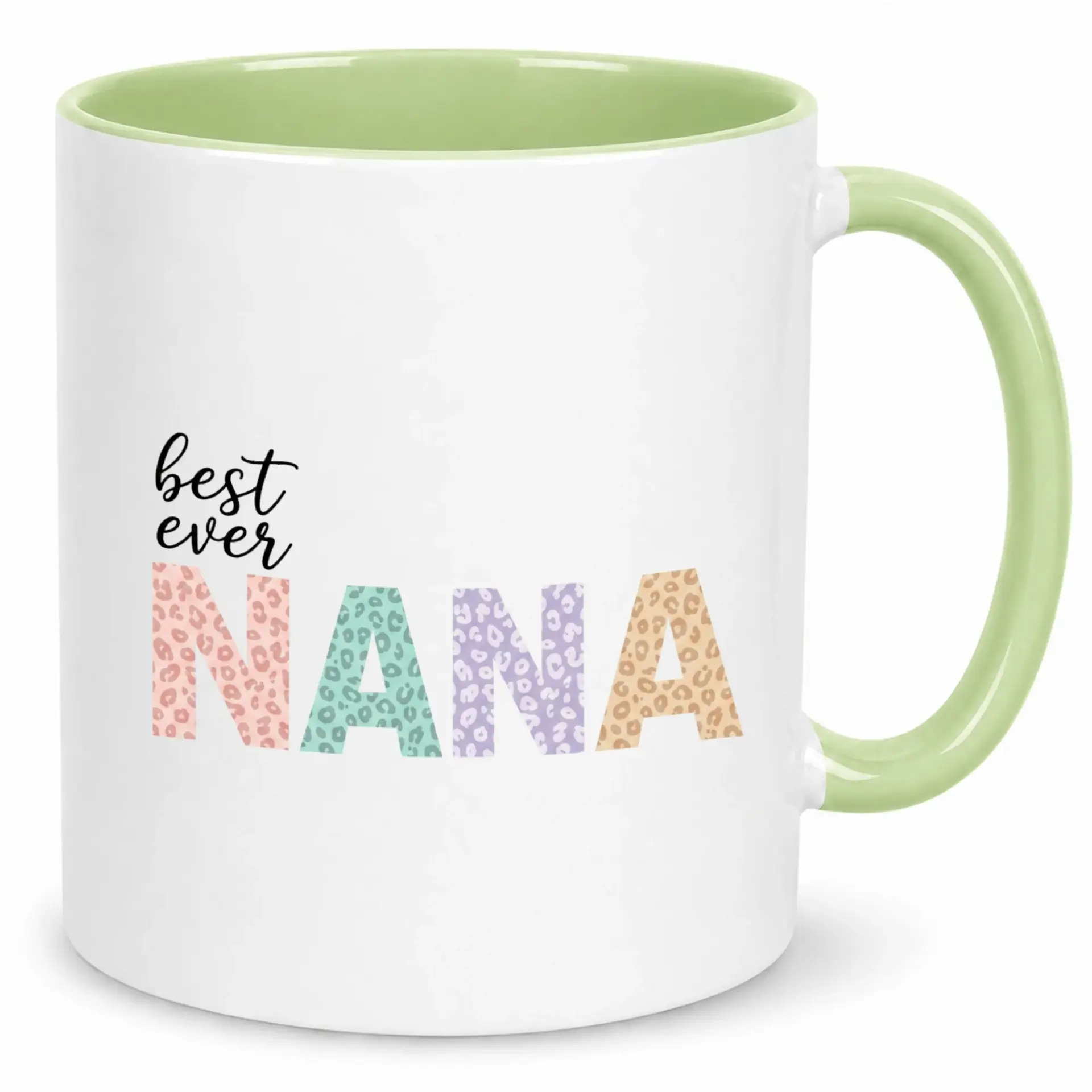Nana Coffee Mug Best Ever Grandparent Ceramic Tea Cup with Leopard Print Design Two-Tone Green Interior Handle Birthday Holiday Gift