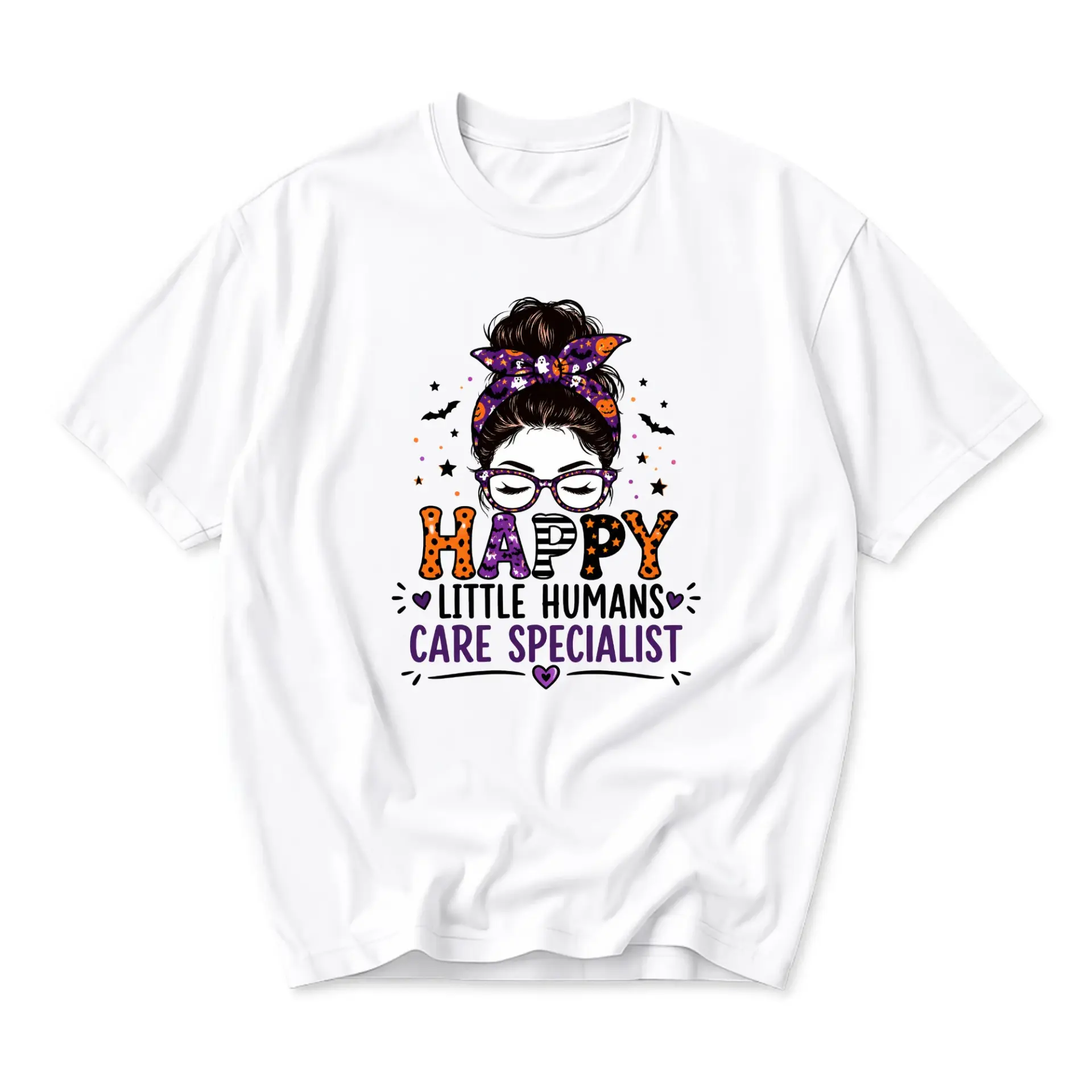 Graphic Tee Happy Little Humans Care Specialist Shirt Unisex Casual Crew Neck Top for Professionals and Educators