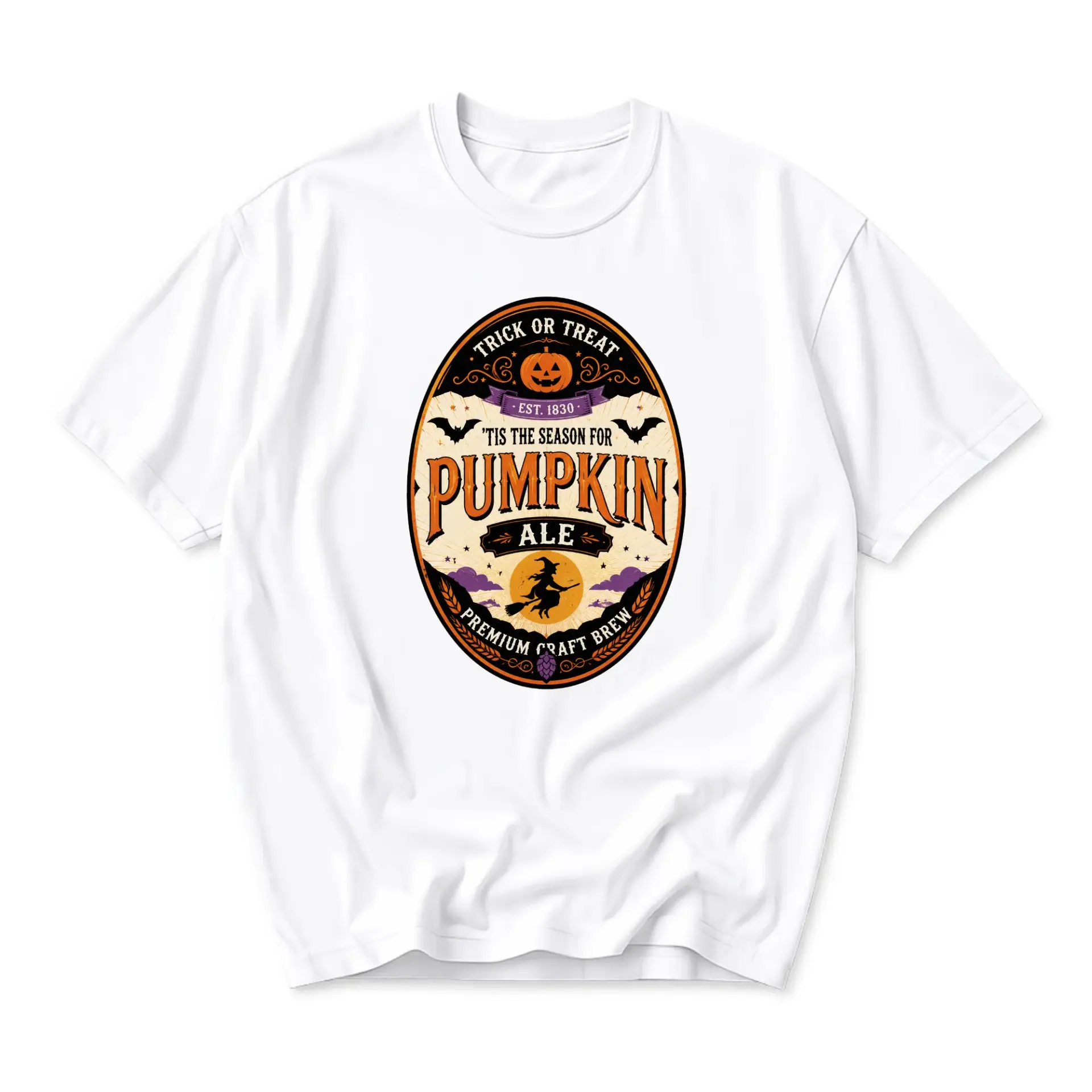 Graphic Tee Pumpkin Ale Seasonal Beverage Inspired Art Print on a Comfortable White Unisex Crew Neck T-Shirt