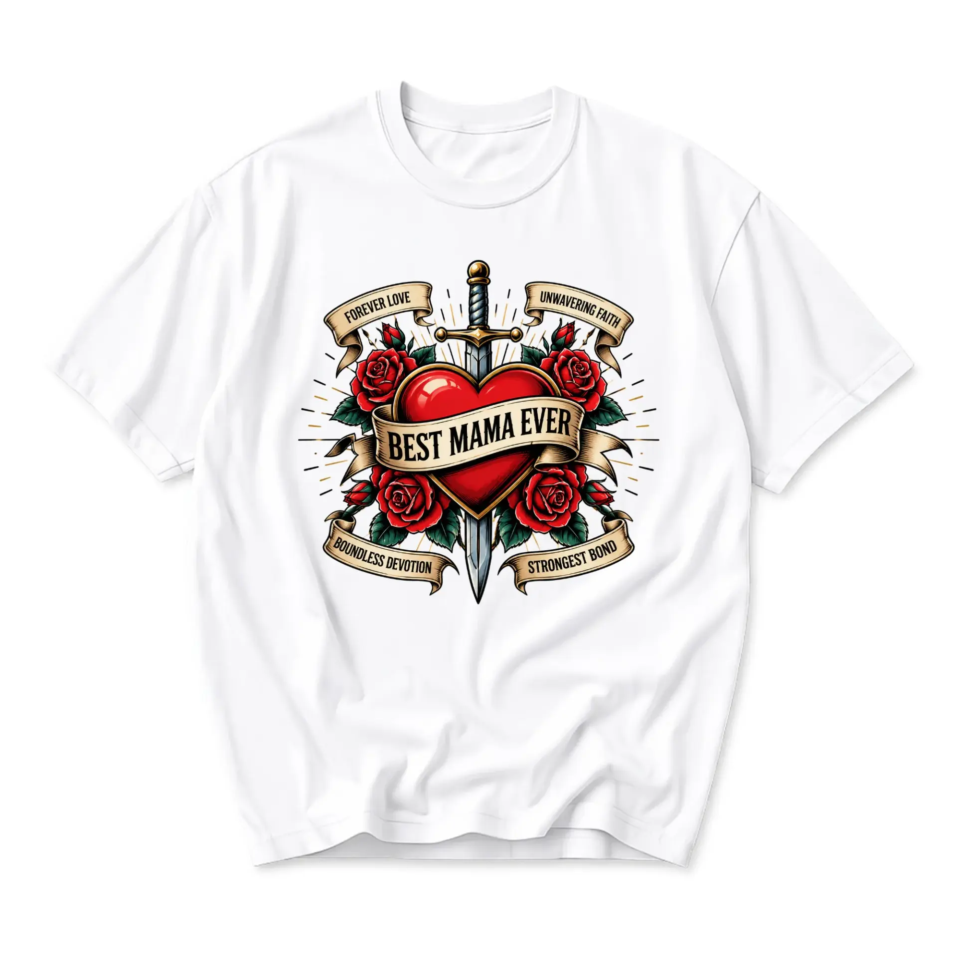T-shirt Best Mama Ever Graphic Tee Traditional Tattoo Style Heart and Sword Design Unisex Cotton Crew Neck Top