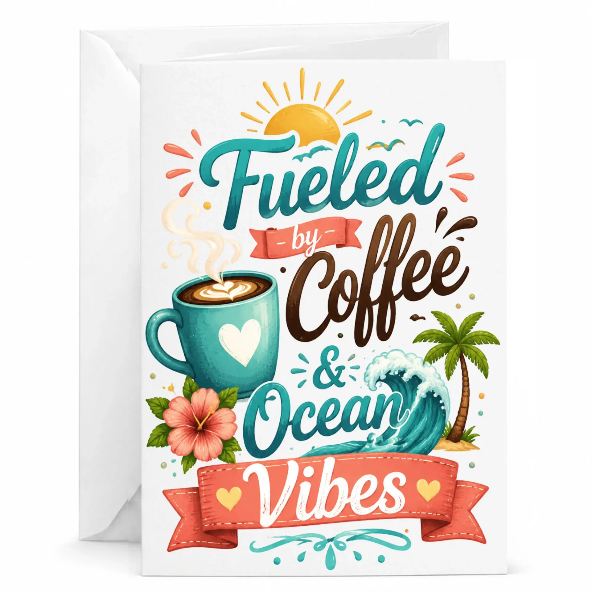 Funny Coffee Greeting Card Fueled by and Ocean Vibes Tropical Illustration for Friends Family 5x7 Inches