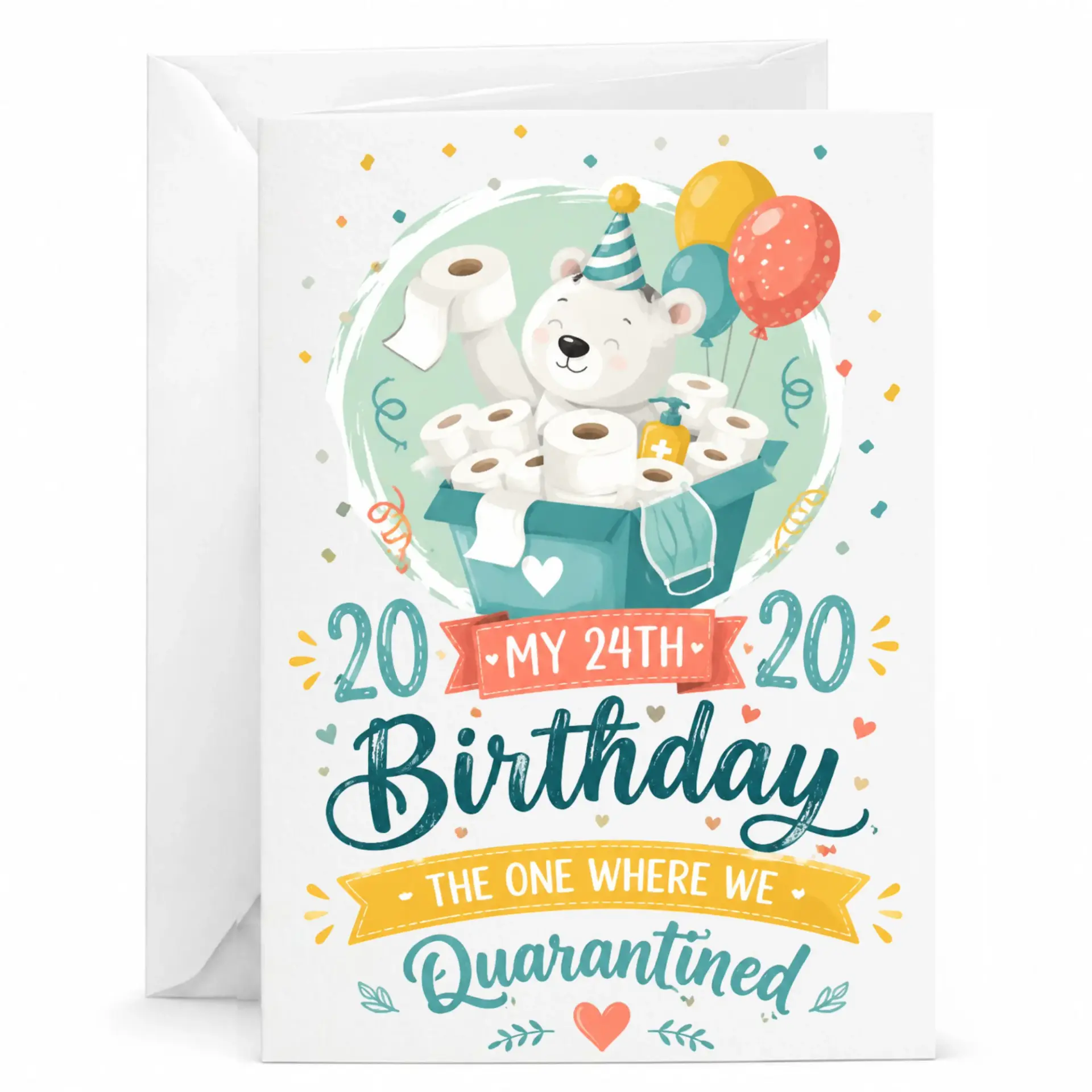 Funny 24th Birthday Card for Him or Her, Twenty Fourth Birthday Keepsake with Cute Polar Bear Illustration