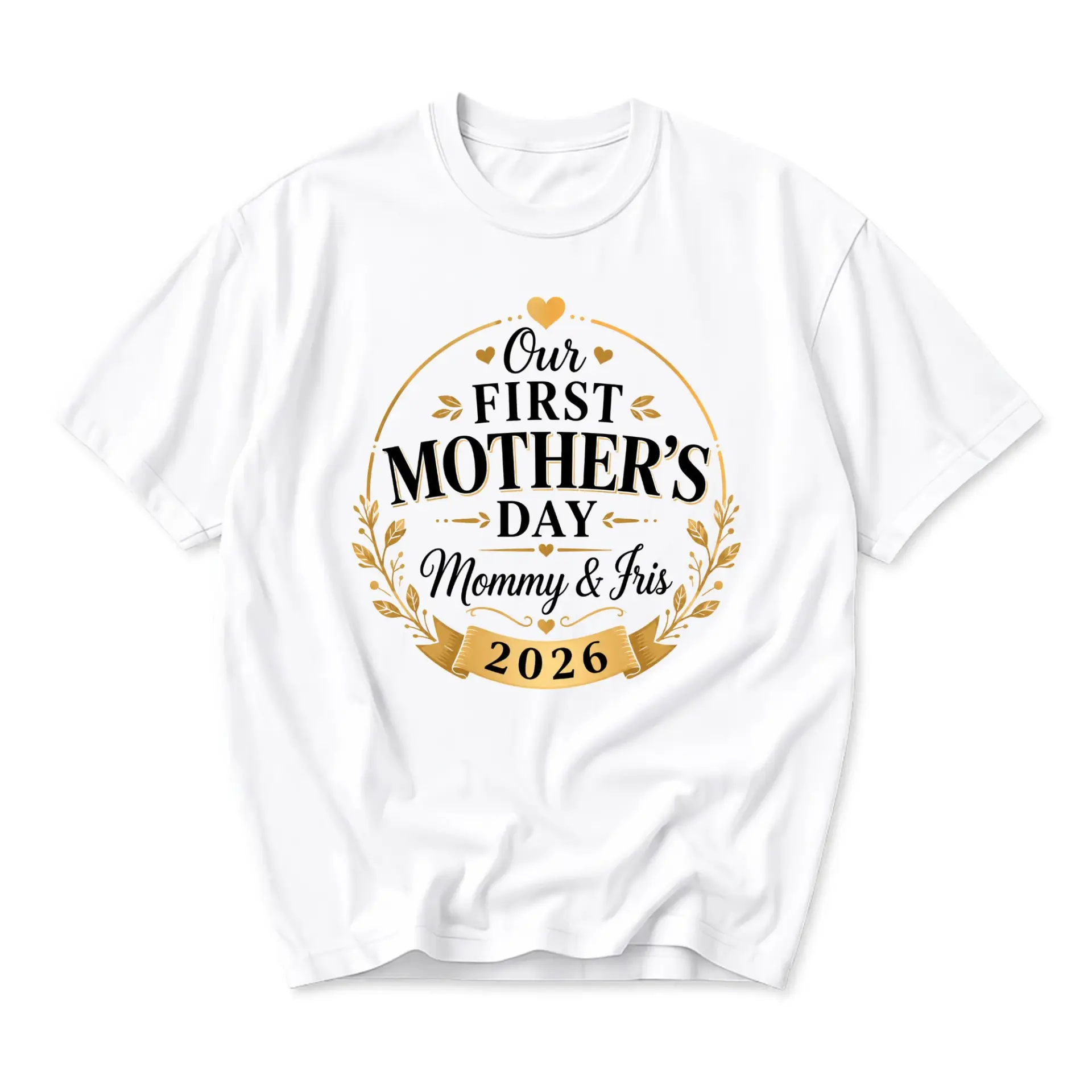 Graphic Tee Our First Mother's Day Mommy and Iris 2026 Unisex Crew Neck Short Sleeve Casual Cotton Blend Apparel