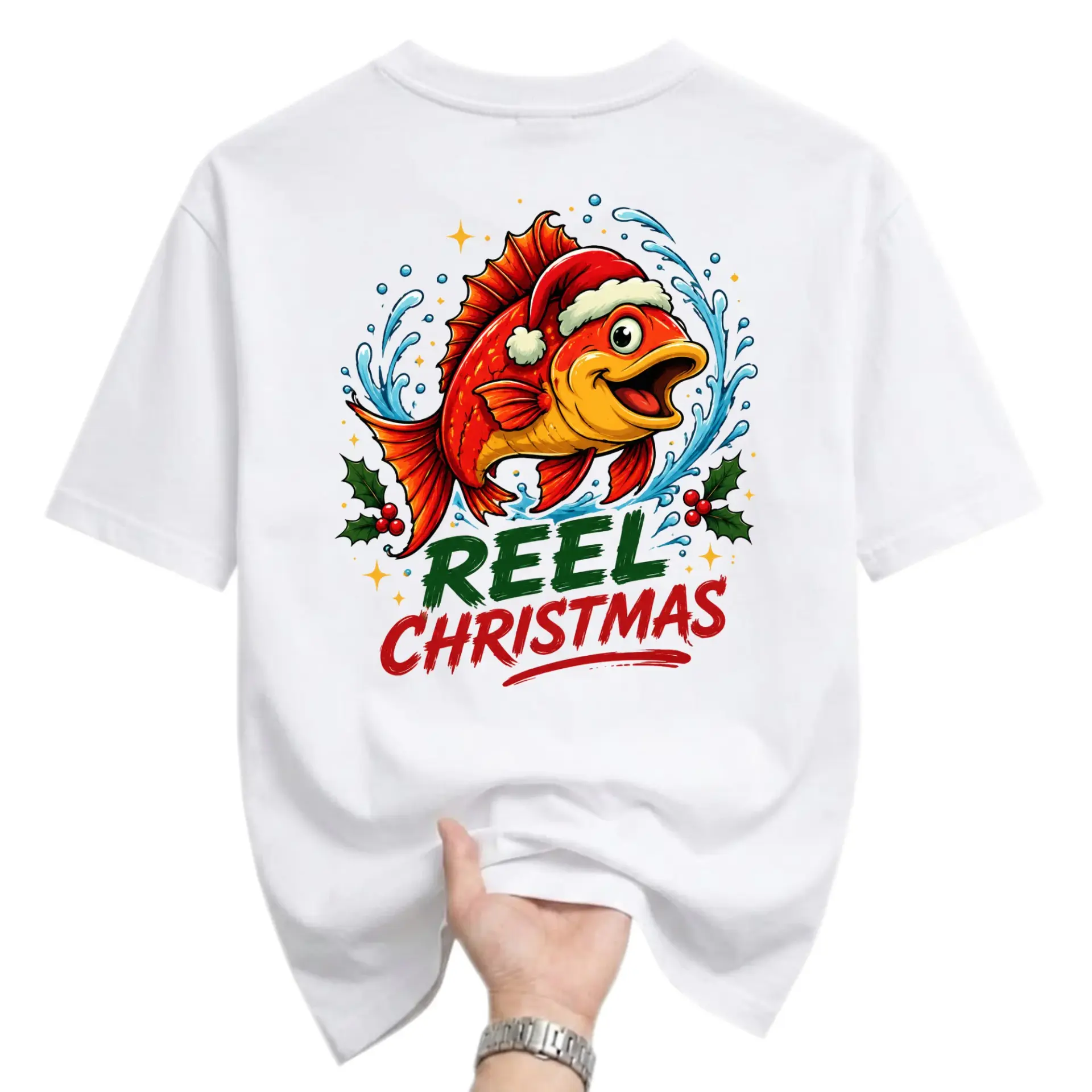 Funny Shirt Reel Christmas Fish Graphic Tee Unisex Casual Apparel Festive Holiday Inspired Print Clothing