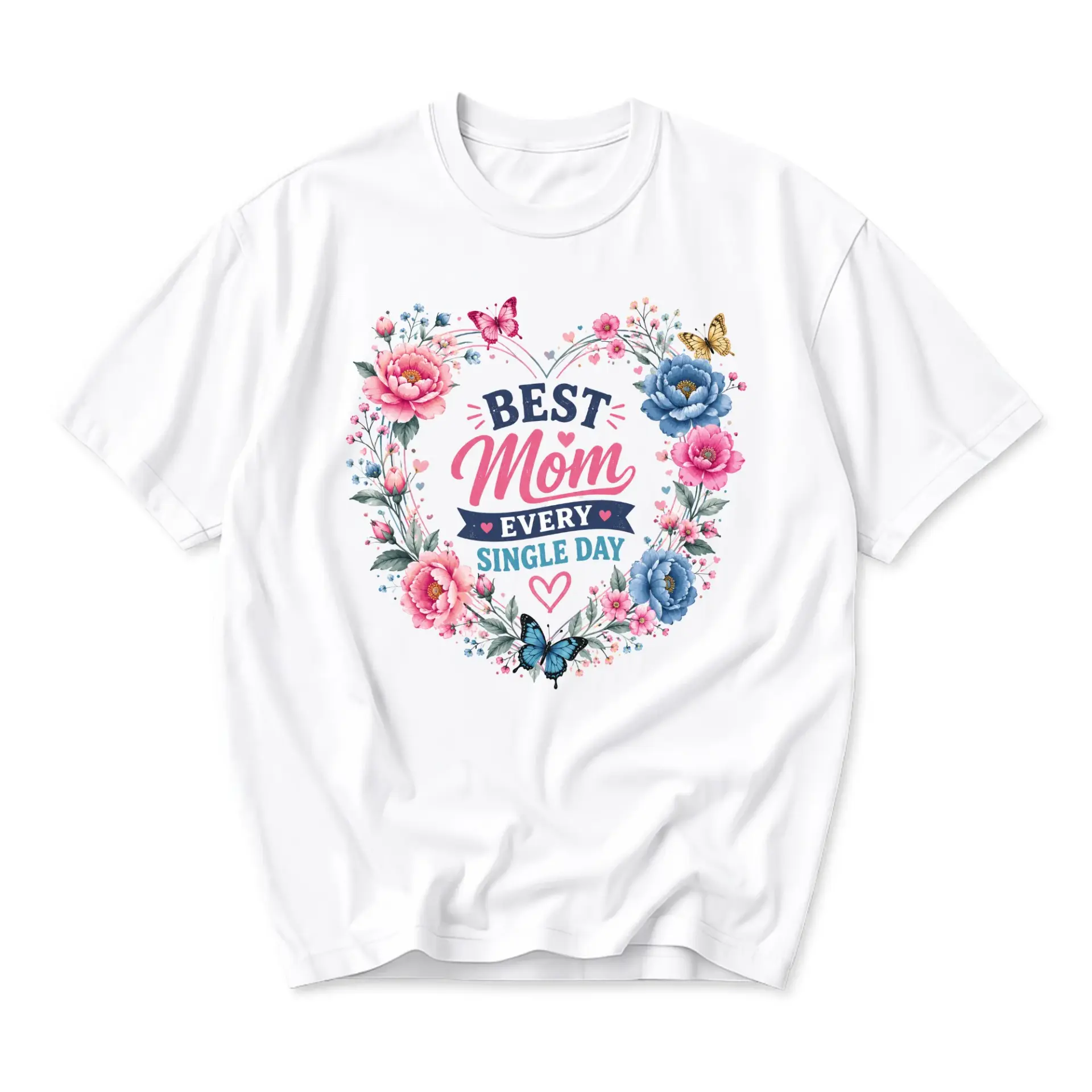 Graphic Tee Best Mom Every Single Day Floral Butterfly Heart Print Casual Short Sleeve Cotton Unisex Crew Neck Shirt