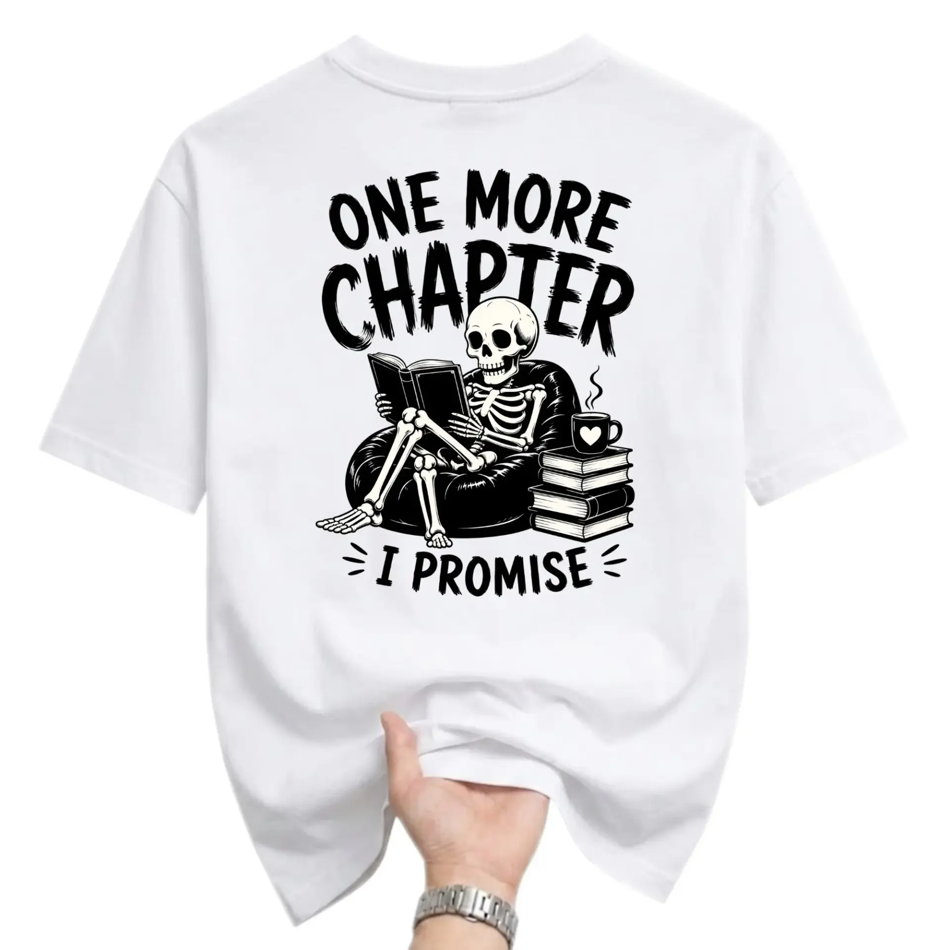 Graphic Tee One More Chapter I Promise Skeleton Reading Book Illustration Unisex Short Sleeve Crew Neck Shirt