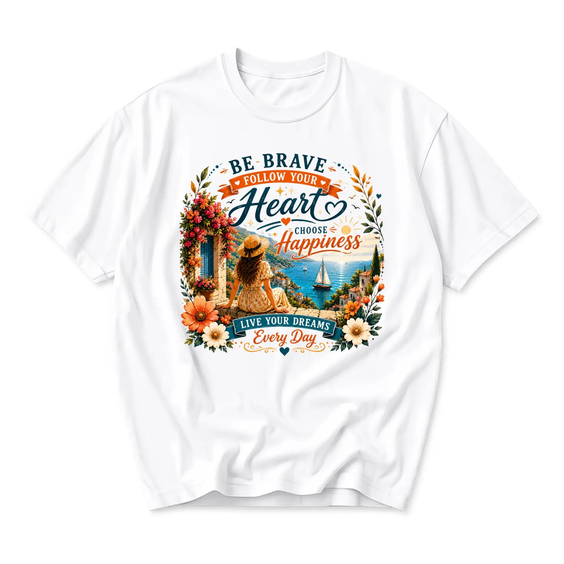 Graphic Tee Be Brave Follow Your Heart Choose Happiness Inspirational Quote Short Sleeve Unisex Crew Neck Shirt