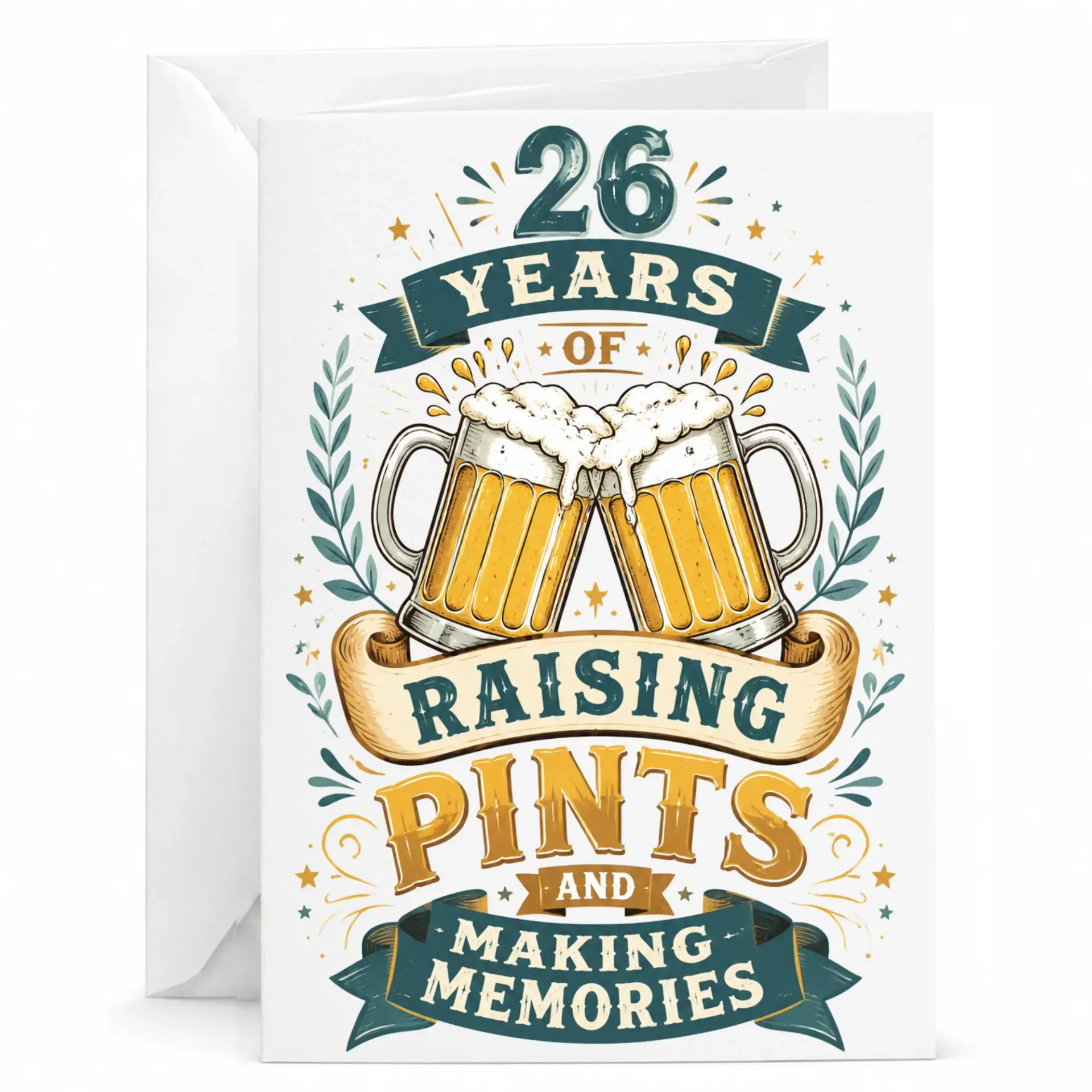 Birthday Card 26 Years of Raising Pints and Making Memories Funny Beer Themed Greeting Card with Matching Envelope