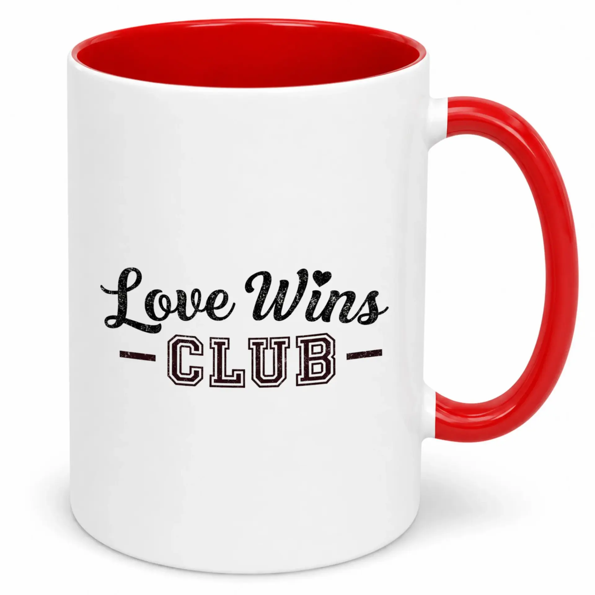 Love Wins Club Ceramic Coffee Mug, 11oz or 15oz White Drinkware with Vibrant Red Interior and Handle, Durable Sublimation Printed Message Cup for Daily Use