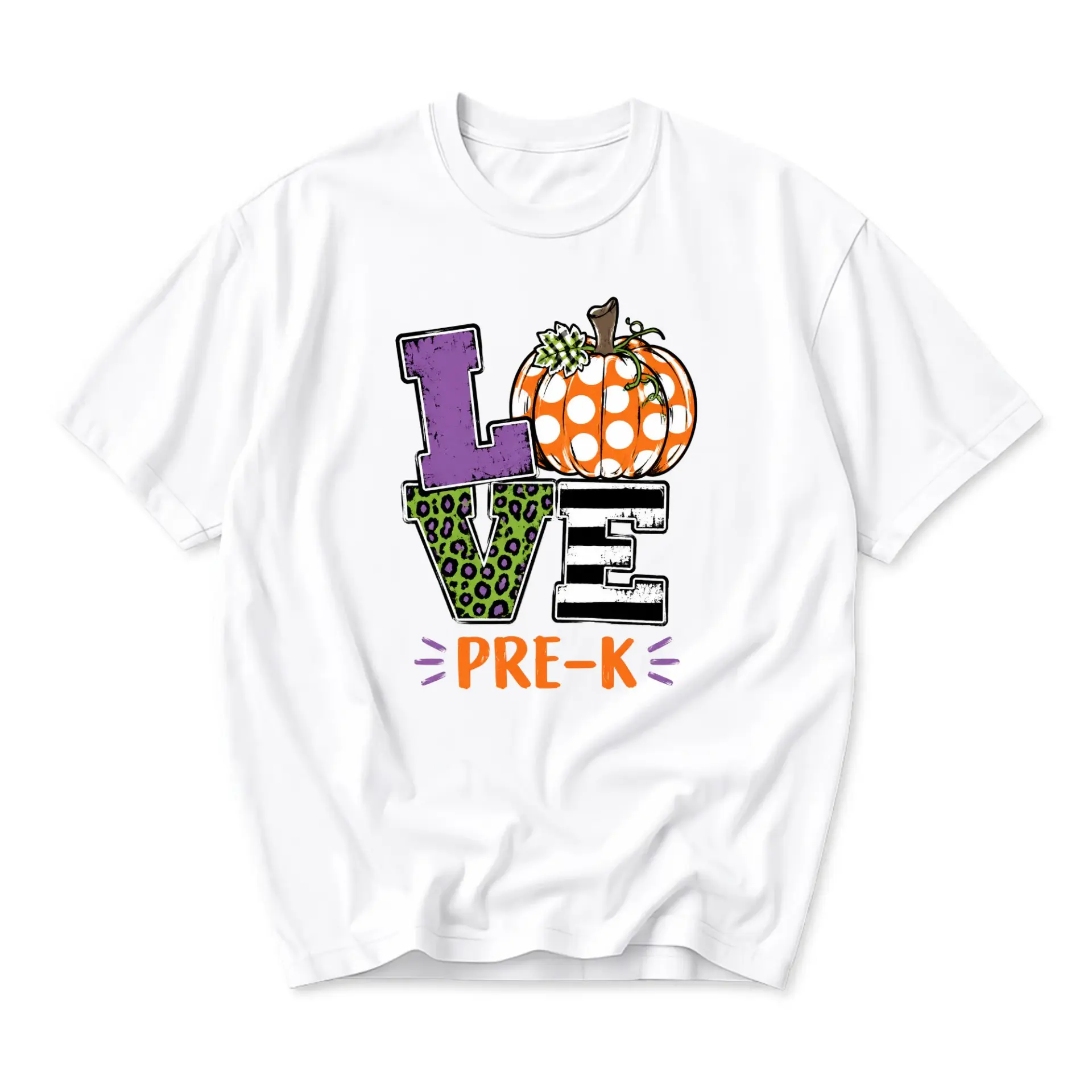 Graphic Tee Love Pre-K Pumpkin Design Unisex Crew Neck Shirt Fall Season Casual Apparel Comfortable Cotton Blend Top