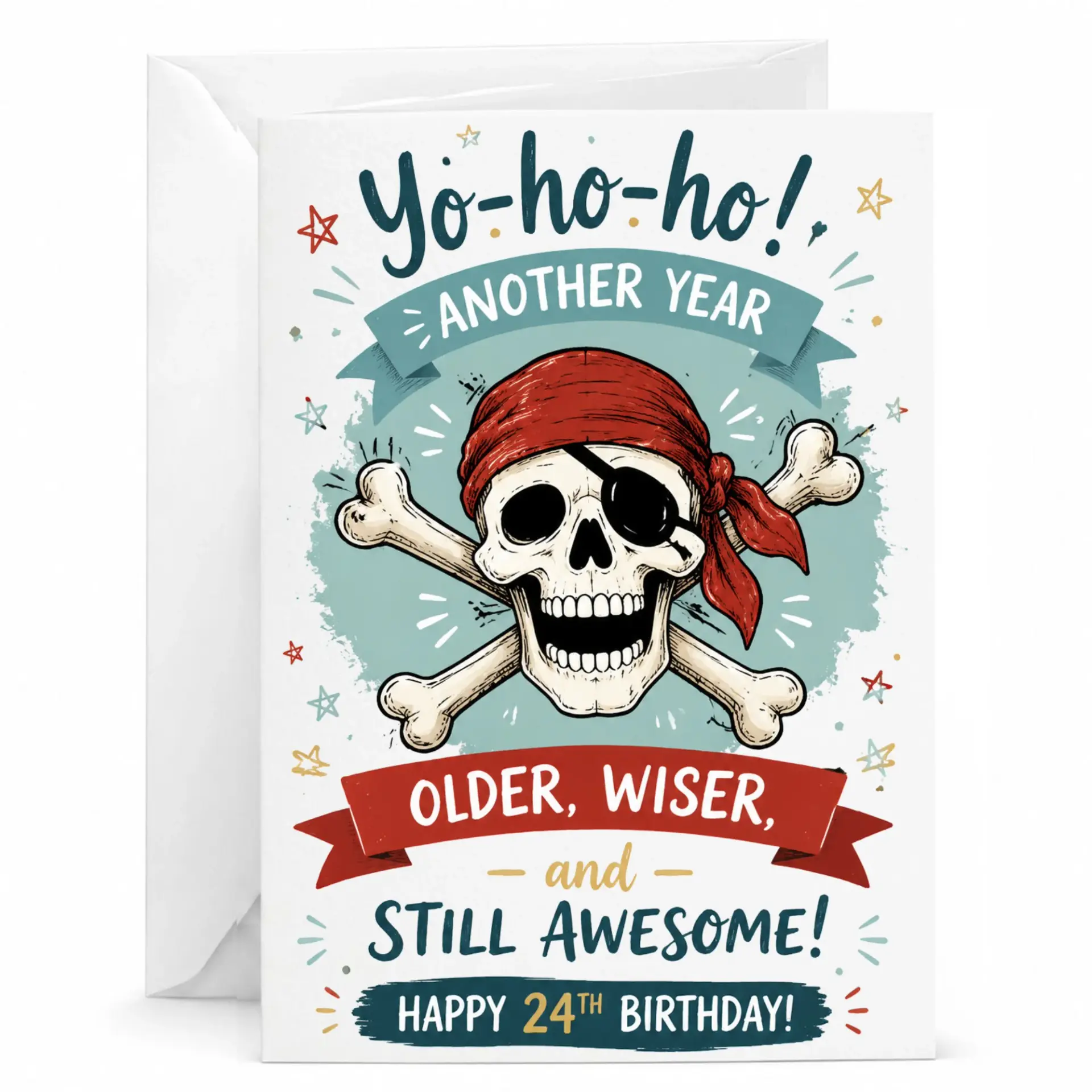 Birthday Card Funny Pirate Theme Skull Design for 24th Birthday Celebration Printed Greeting Card with Envelope