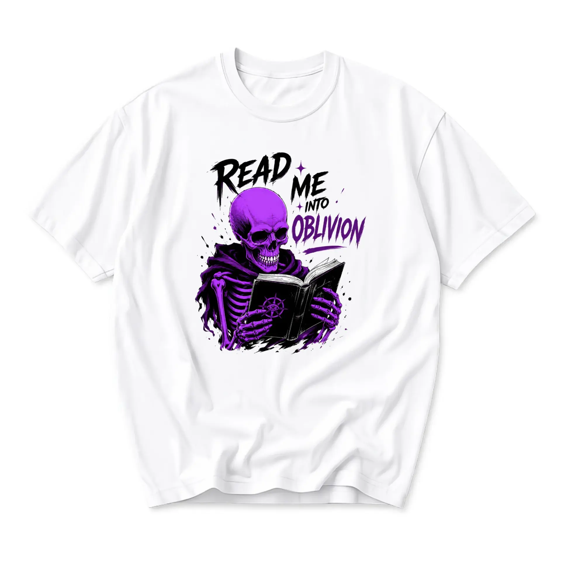Graphic Tee Unisex Crew Neck T-Shirt Featuring a Purple Skeleton Reading a Book Artistic Illustration Casual Apparel