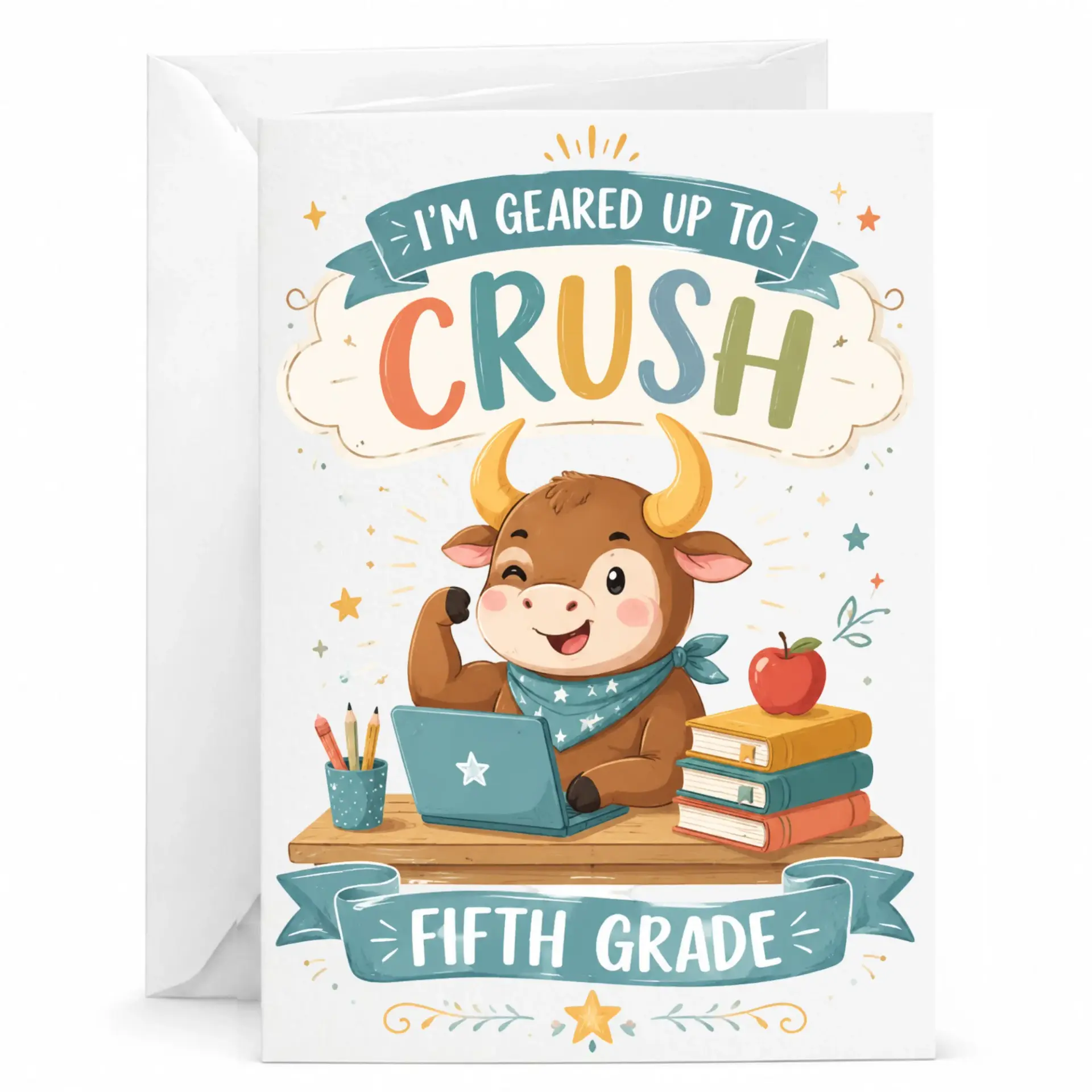 Funny Greeting Card Encouragement for Milestone Achievement Featuring Cute Bull Cartoon Design with Books and Laptop