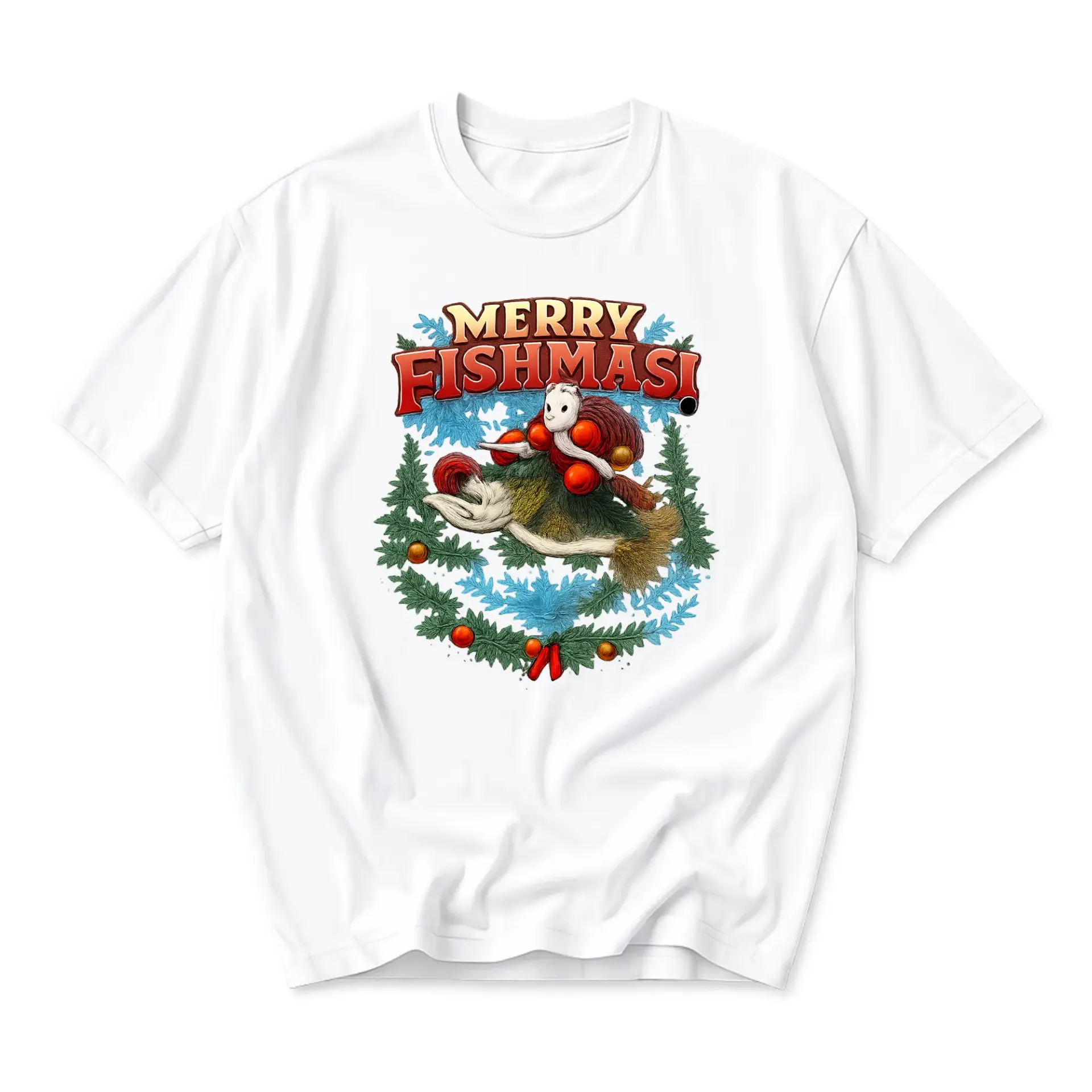 Funny Shirt Merry Fishmas Holiday Graphic Tee Casual Unisex Crew Neck Top