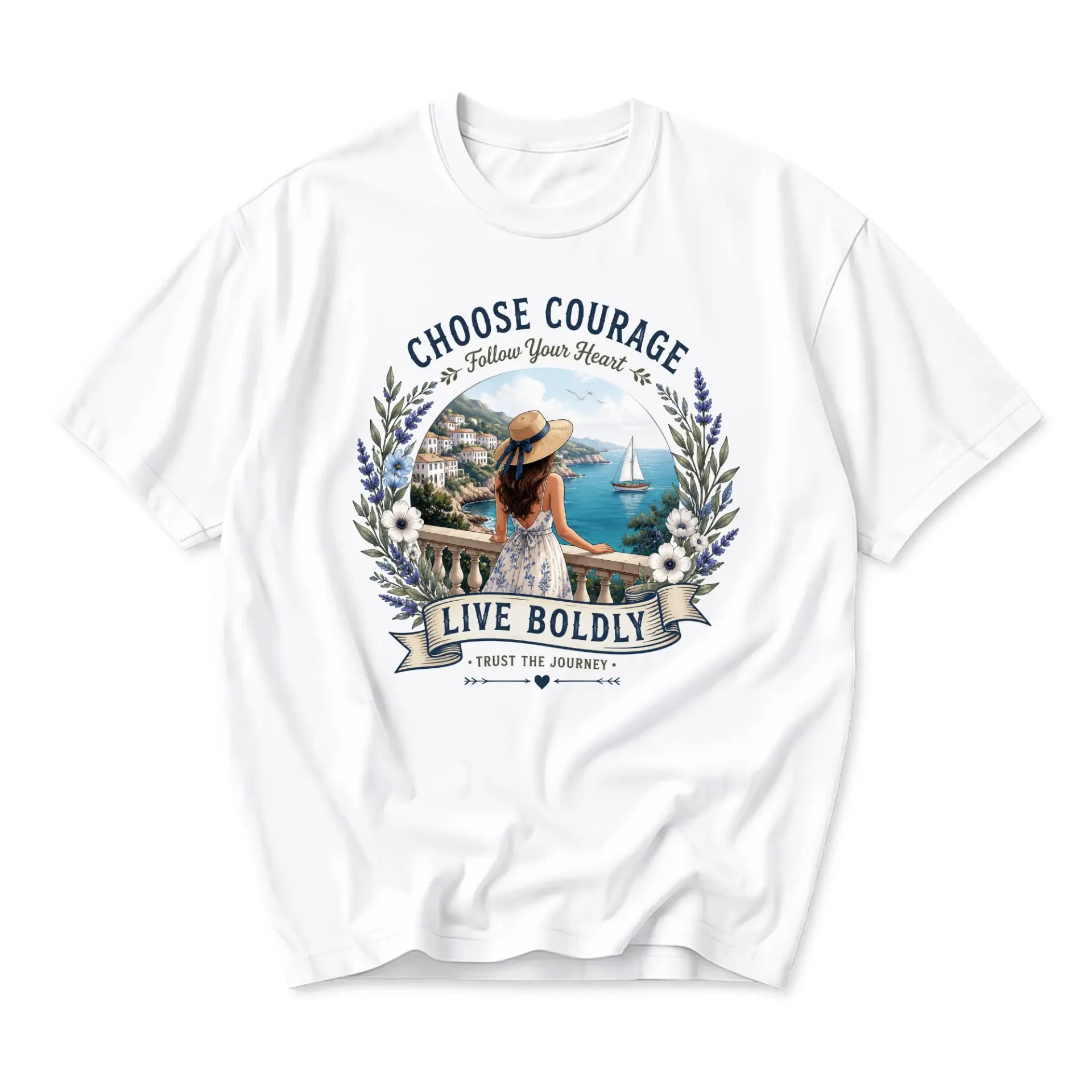 Graphic Tee Choose Courage Live Boldly Inspirational Coastal Scene Art Unisex Casual Crew Neck Soft Cotton Shirt