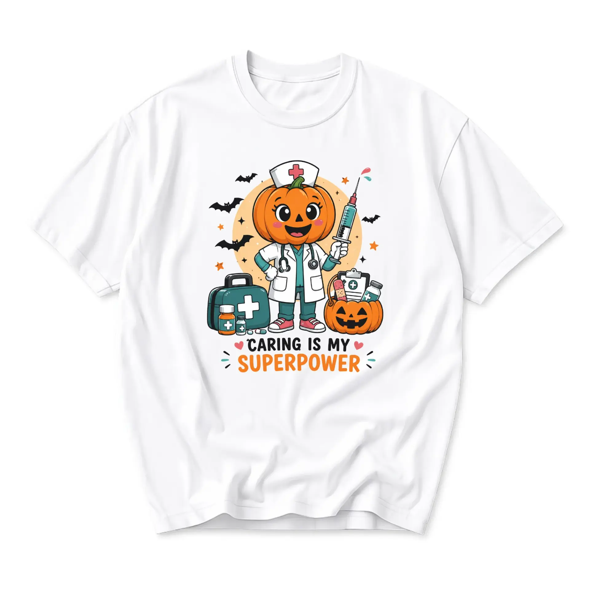 Funny Shirt Caring Is My Superpower Halloween Nurse Pumpkin Graphic Tee Unisex Casual Crew Neck Cotton Apparel