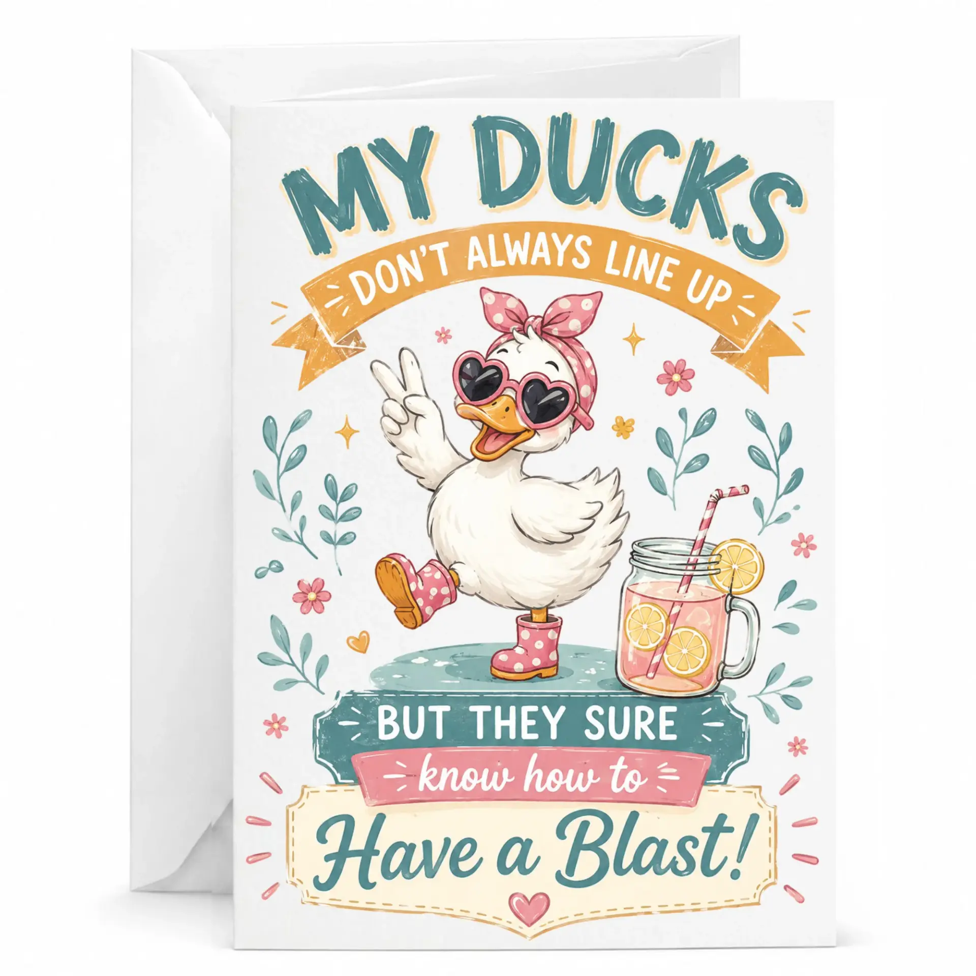 Funny Duck Greeting Card Retro Style Whimsical Character Design with Beverage Blank Stationery for Any Occasion