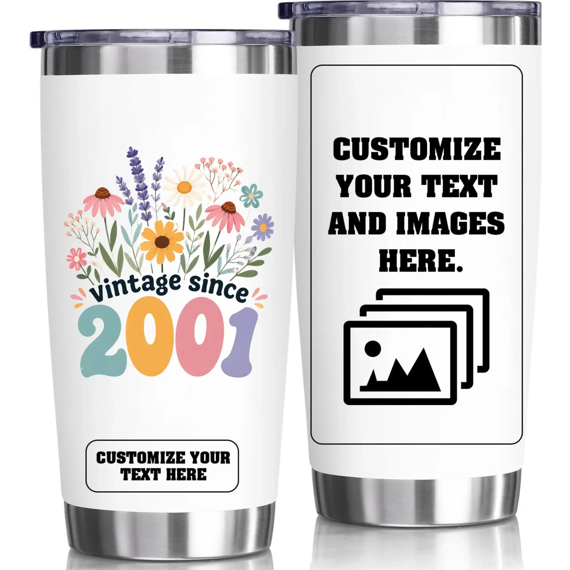 Stainless Steel Tumbler Vintage Since 2001 Floral Birthday Gift 20oz Personalized Travel Cup for Hot Cold Drinks