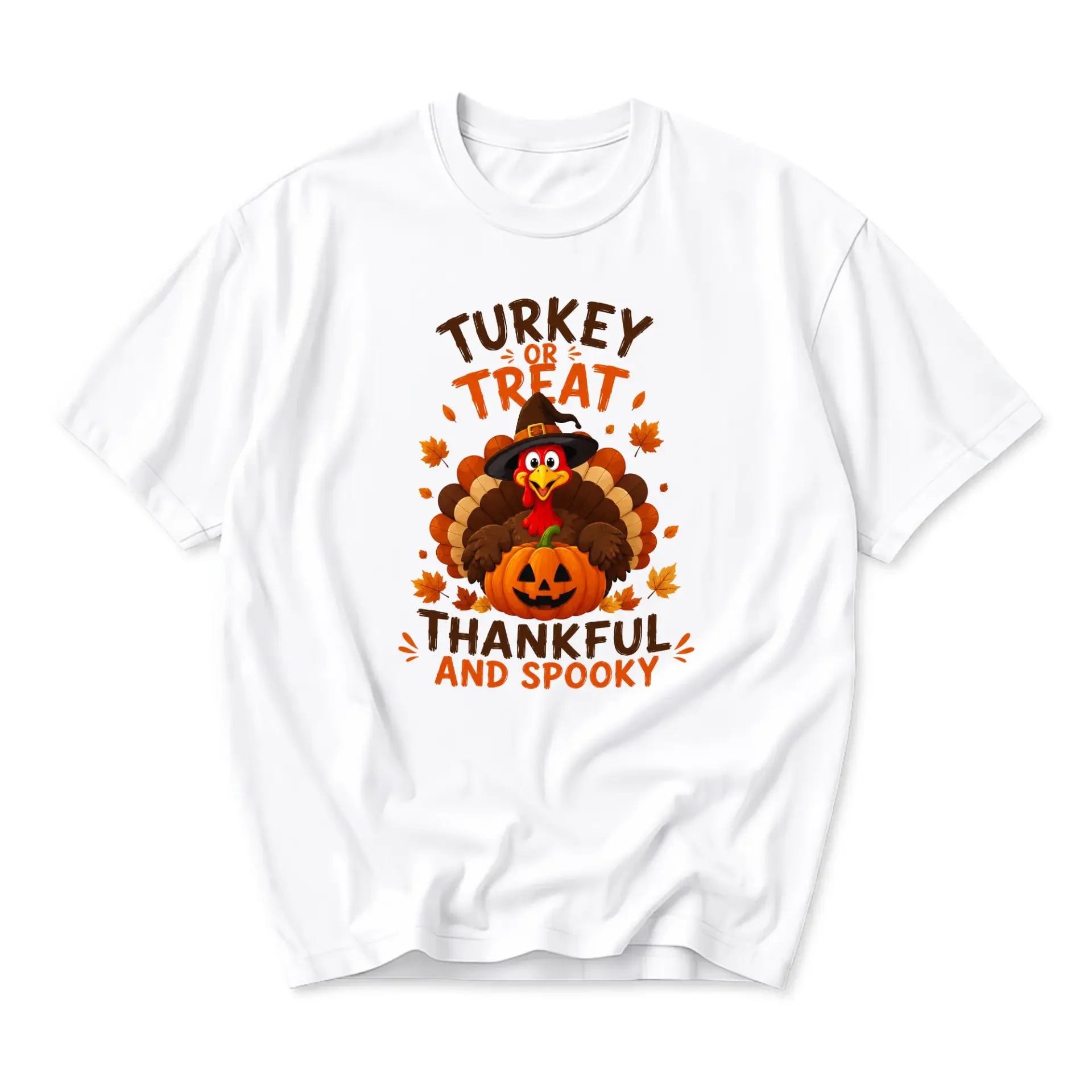 Funny Shirt Turkey or Treat Thankful and Spooky Graphic Tee Seasonal Fall Thanksgiving Halloween Unisex Crew Neck