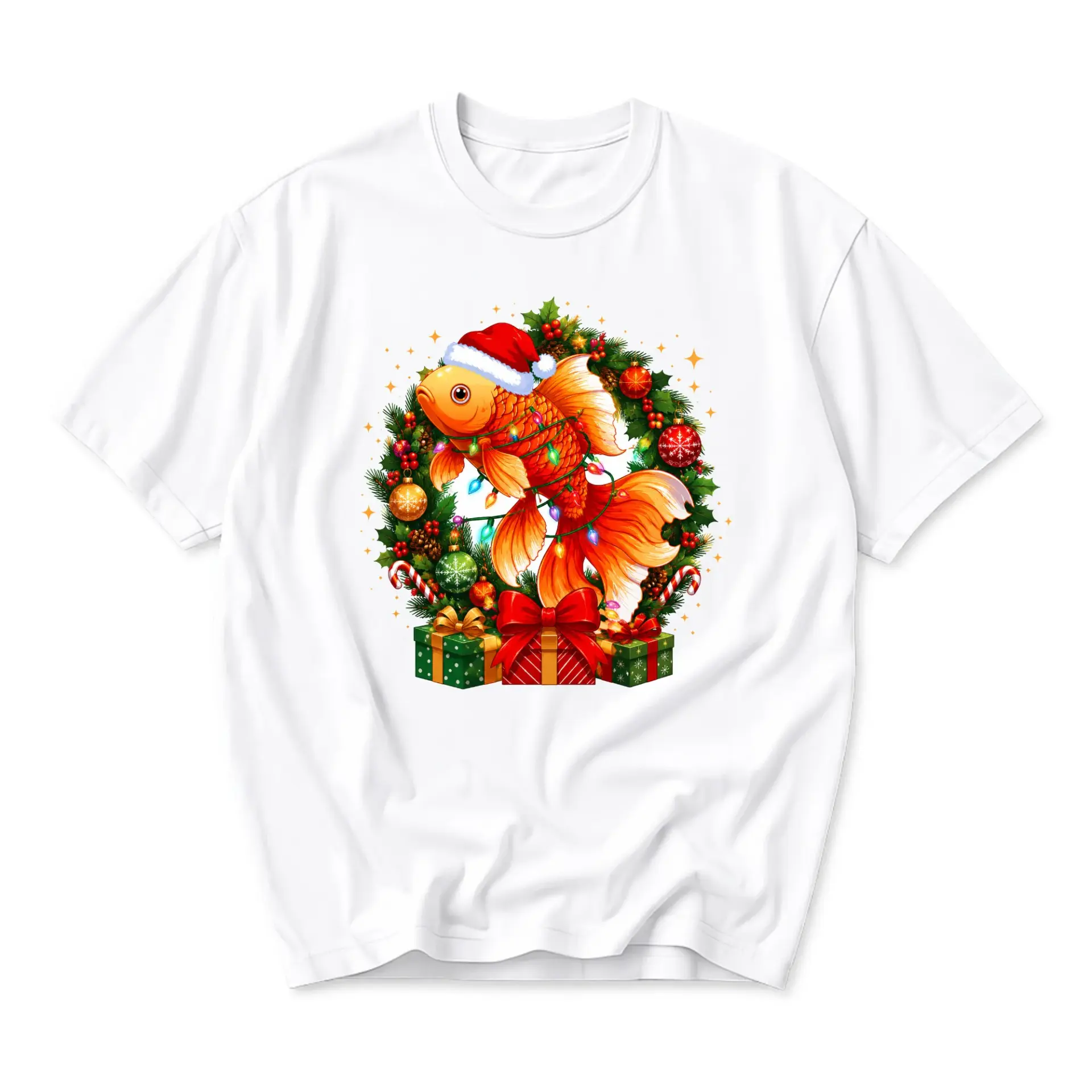 Graphic Tee Christmas Goldfish Wearing Santa Hat Festive Holiday Wreath