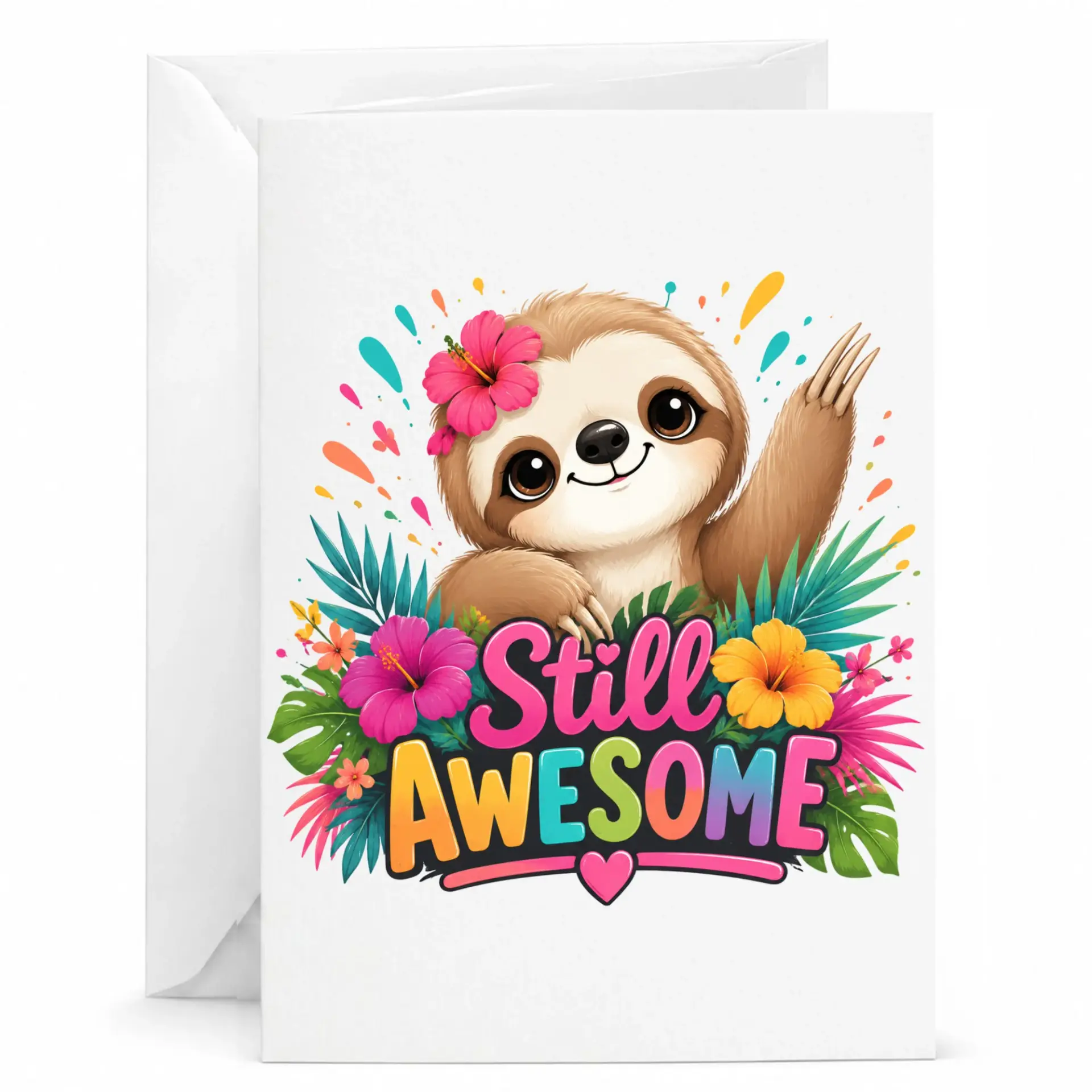 Funny Sloth Greeting Card with Tropical Flowers Still Awesome Design for Birthday Anniversary