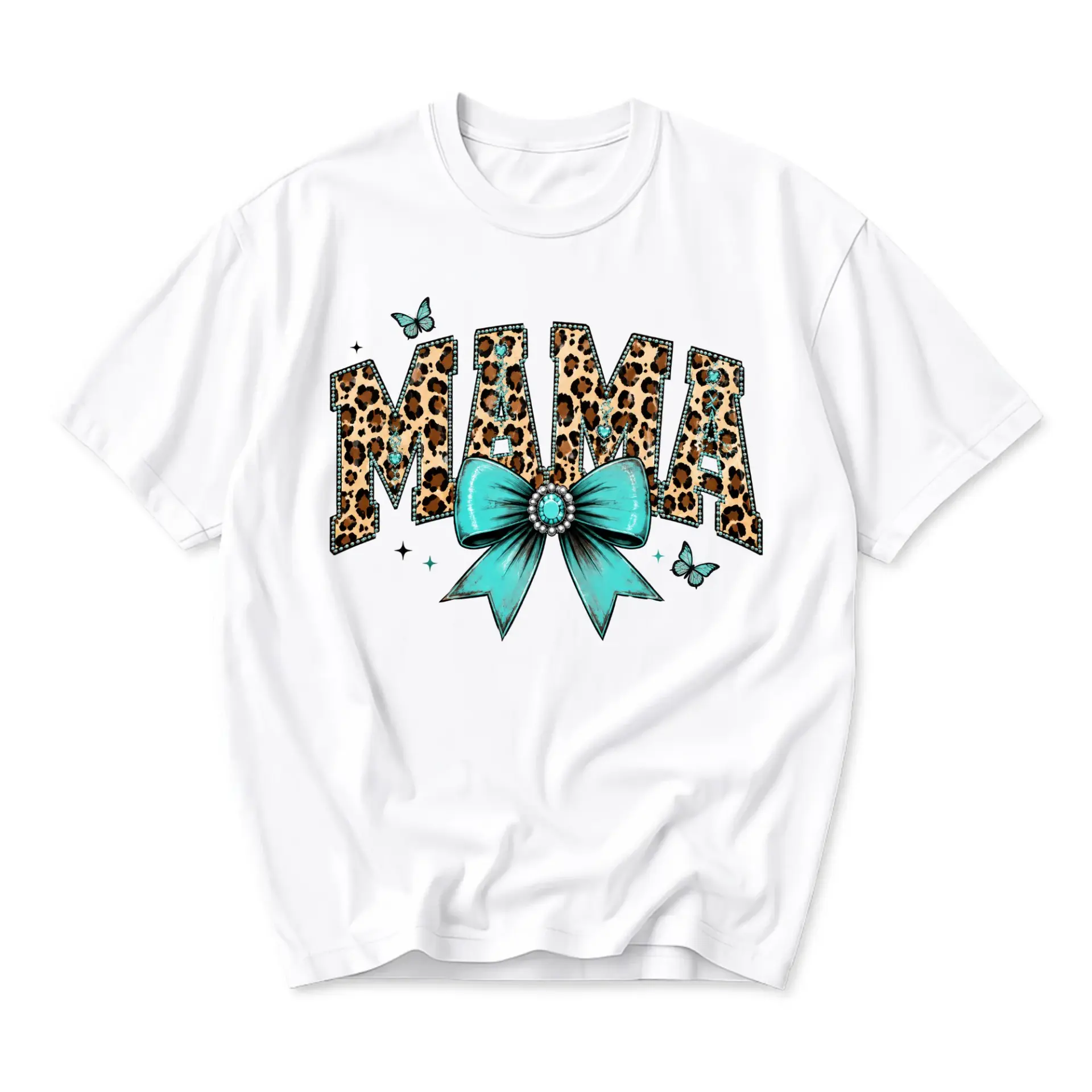 Graphic Tee Mama Leopard Print Bow Design Unisex Cotton Crew Neck Casual Shirt Comfortable Everyday Apparel White Top
