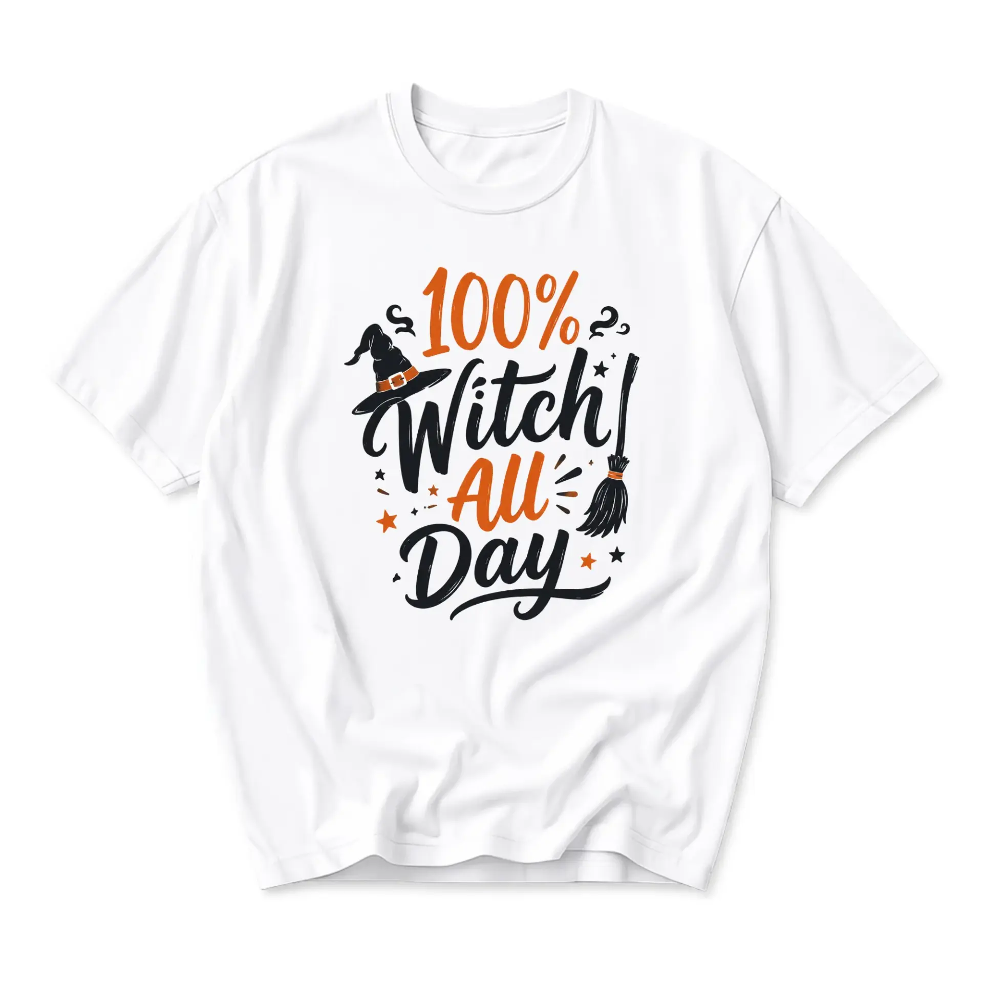 Funny Shirt 100 Percent Witch All Day Graphic Tee Unisex Crew Neck Casual Cotton Blend Short Sleeve Apparel White