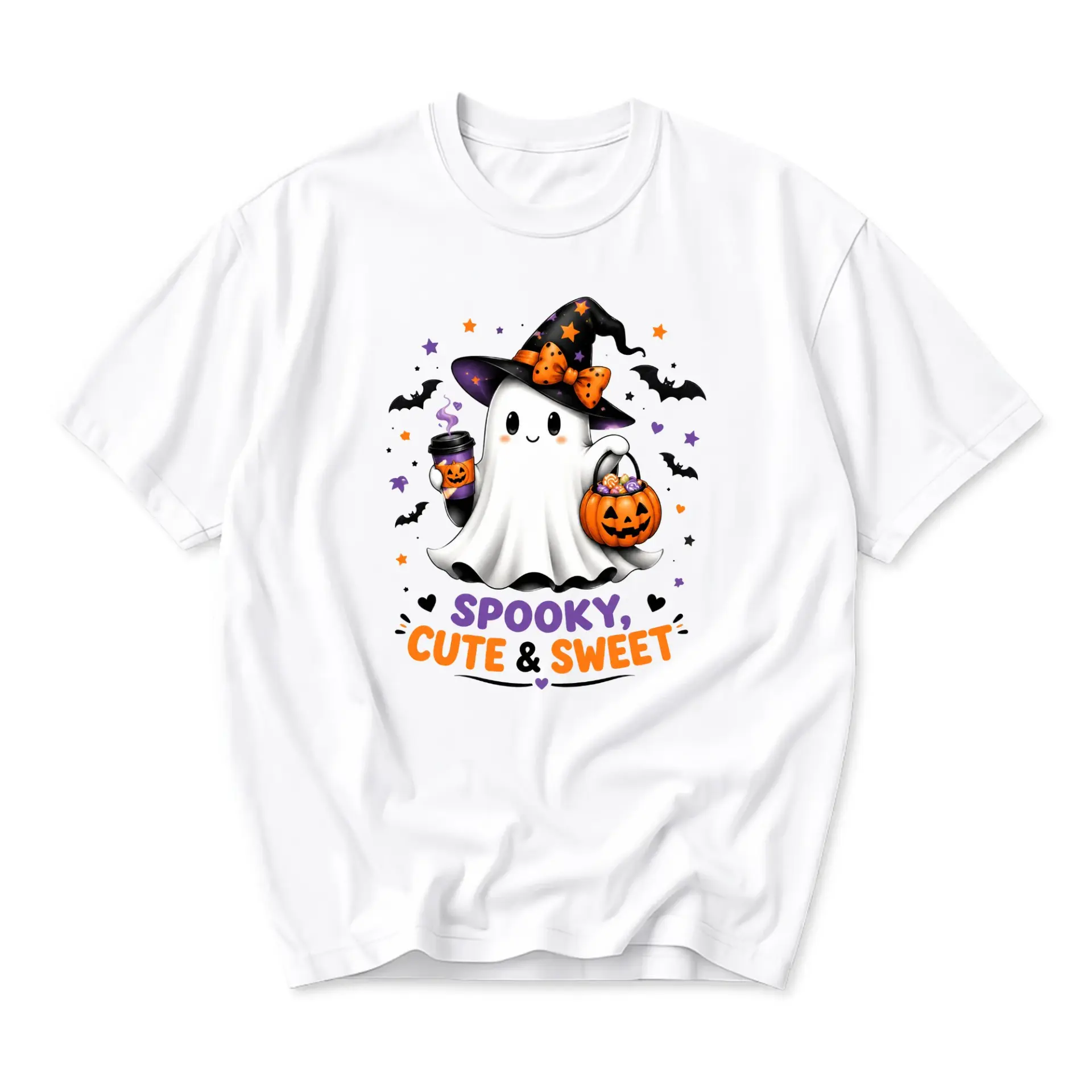 Funny Shirt Spooky Cute and Sweet Ghost Graphic Tee Seasonal Casual Apparel for Women and Men Unisex Crew Neck Top